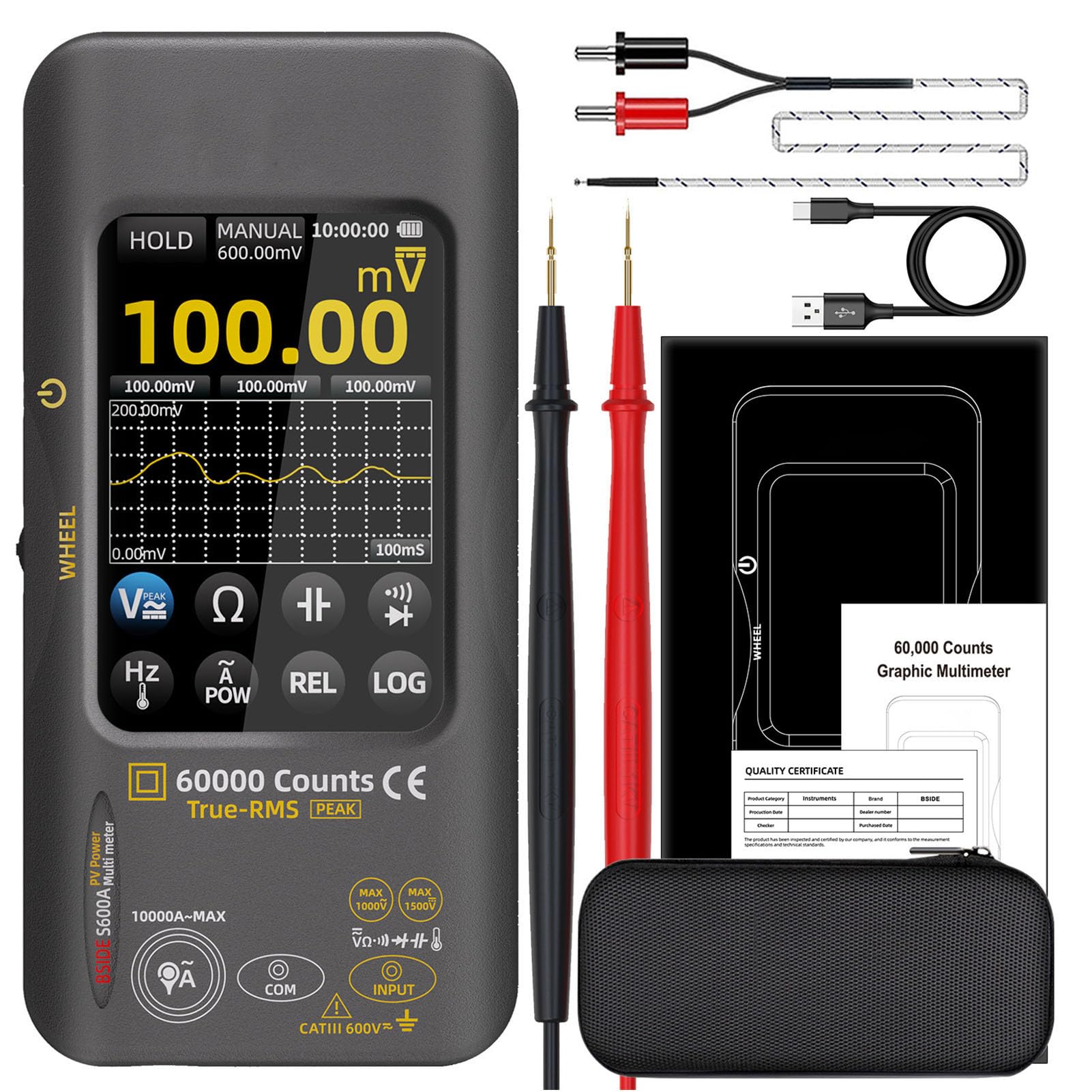 Multimetro Tester per Pannelli Solari, con Dati | 60.000 Conteggi, Display da 3,98 Pollici, Corrente CA Fino A 10.000 A con Morsetto, 3.000 MAh, per la Manutenzione Campo