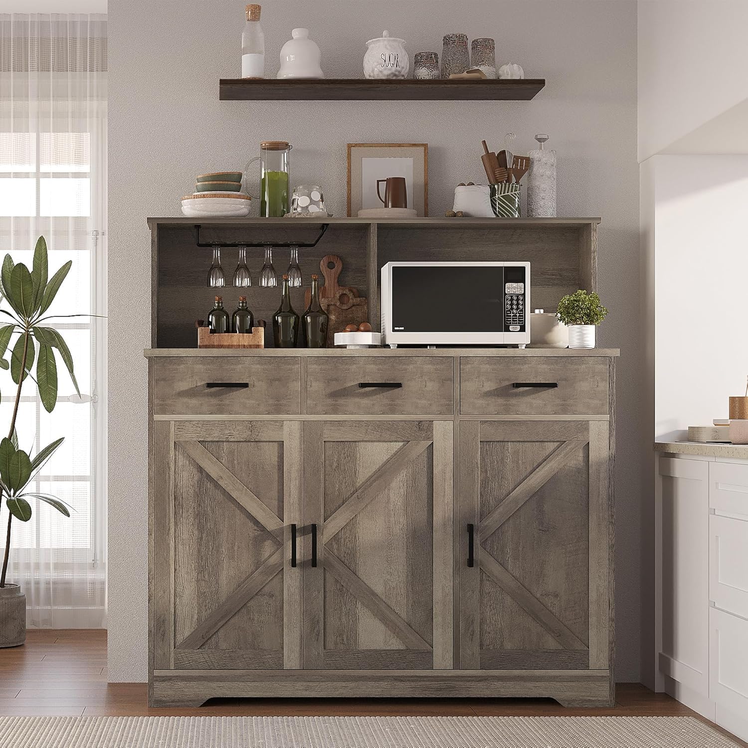 Detailed dimensions of the GAOMON Buffet Cabinet, including top weight capacity, shelf weight capacity, and drawer weight capacity.