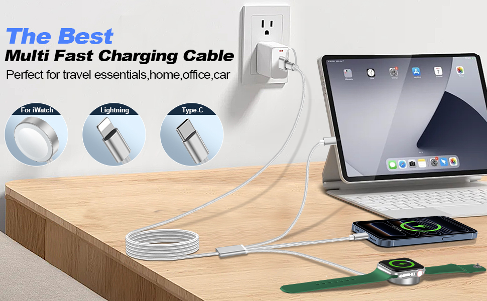 Image of Travel Essentials for Apple Watch Charger,iPhone Charger,3 in 2 Type C /Lightning /Magnetic Travel Charging Cable,Portable Multi Charging Cable for Apple Watch, iPhone 17‑11,Samsung S26,Car,Camera-4ft