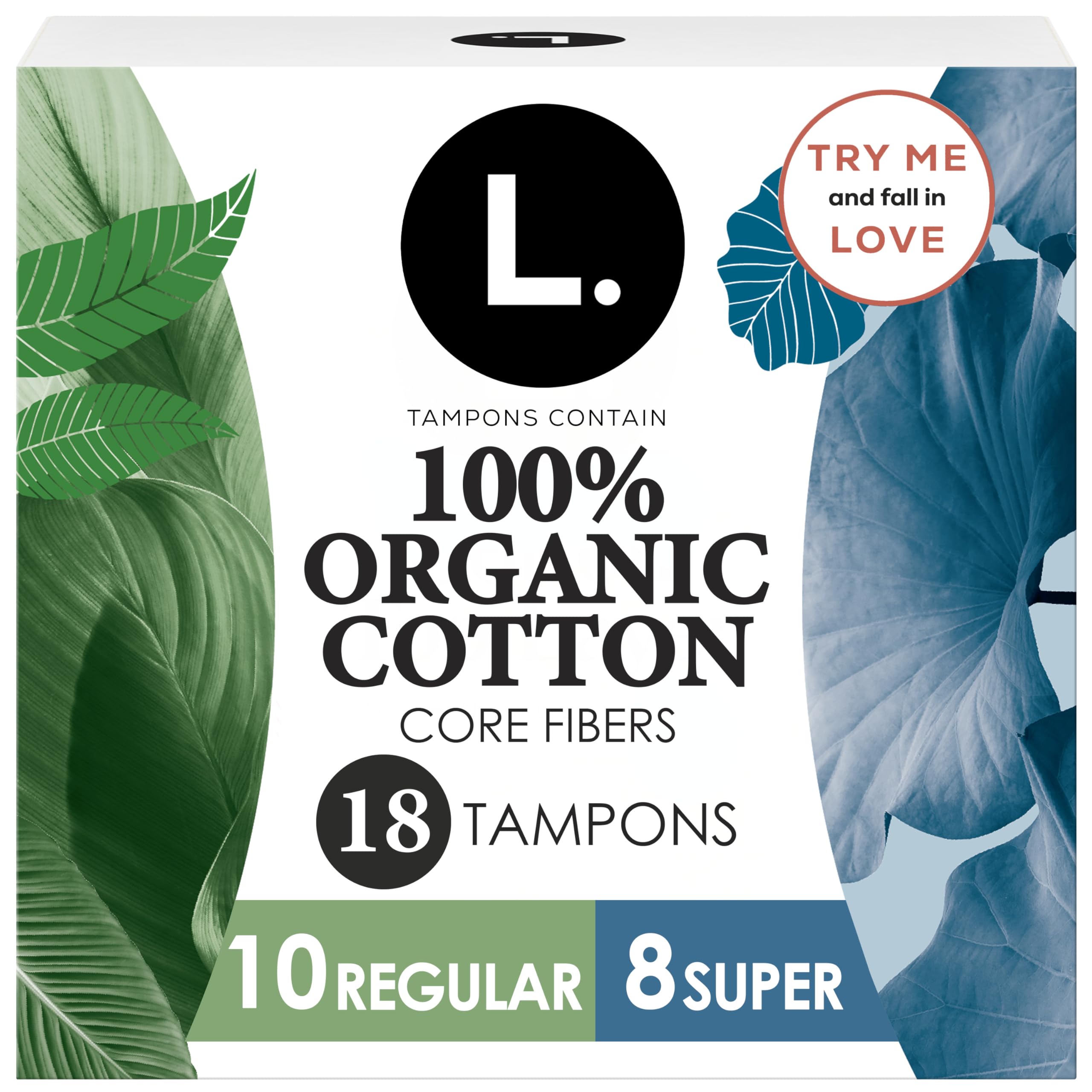 L. Tampons, Made with Organic Cotton, Regular/Super Absorbency, Multipack, Made Without Synthetic Pesticides, Rayon or Fragrances, Applicator Made Without BPA, Leak-Stopping Design, 18 Count
