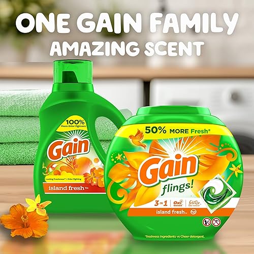 Miniatura 10 de Gain Flings - Paquete de detergente para ropa, 60 unidades, aroma Island Fresh, con defensa del olor, paquetes de jabón concentrado para ropa