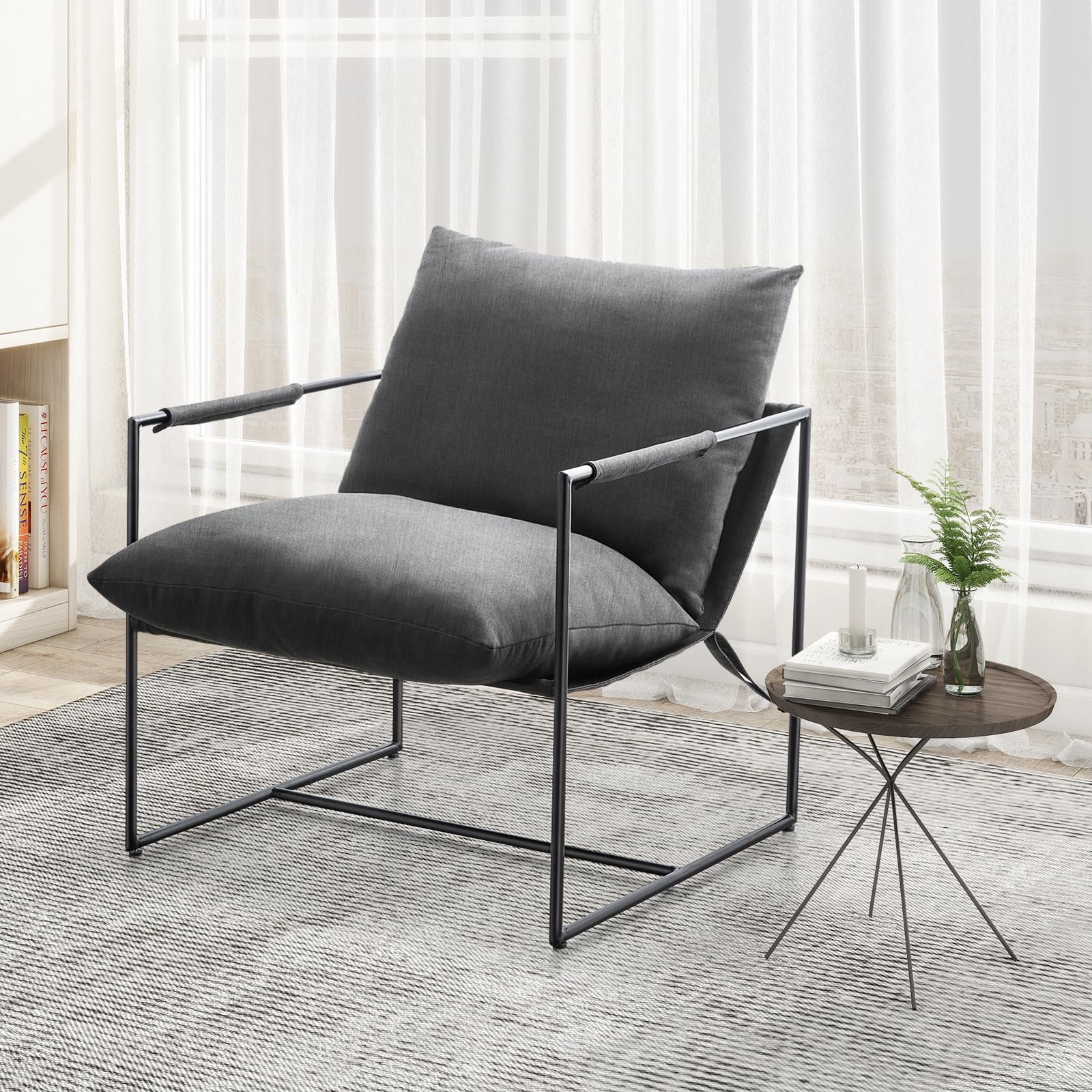 IULULU Modern Sling Accent Chair Upholstered Leisure Single Relaxing Armchair with Metal Frame for Living Bedroom Reception Room Reading Office, Grey