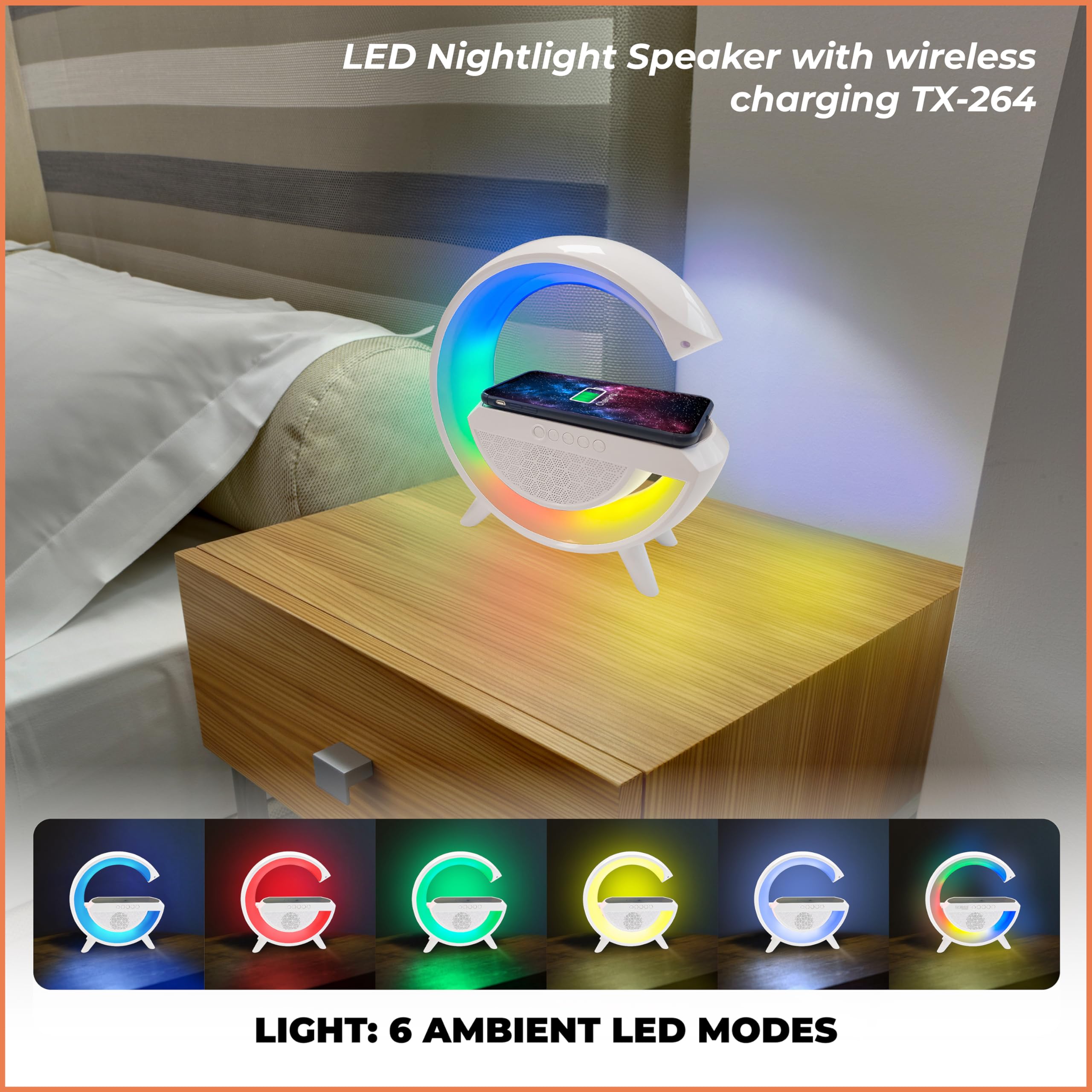 Technaxx LED Nightlight Speaker With 10W Wireless Charging and 6 RGB Light Modes, G-Shape Bluetooth Speaker - Image 4