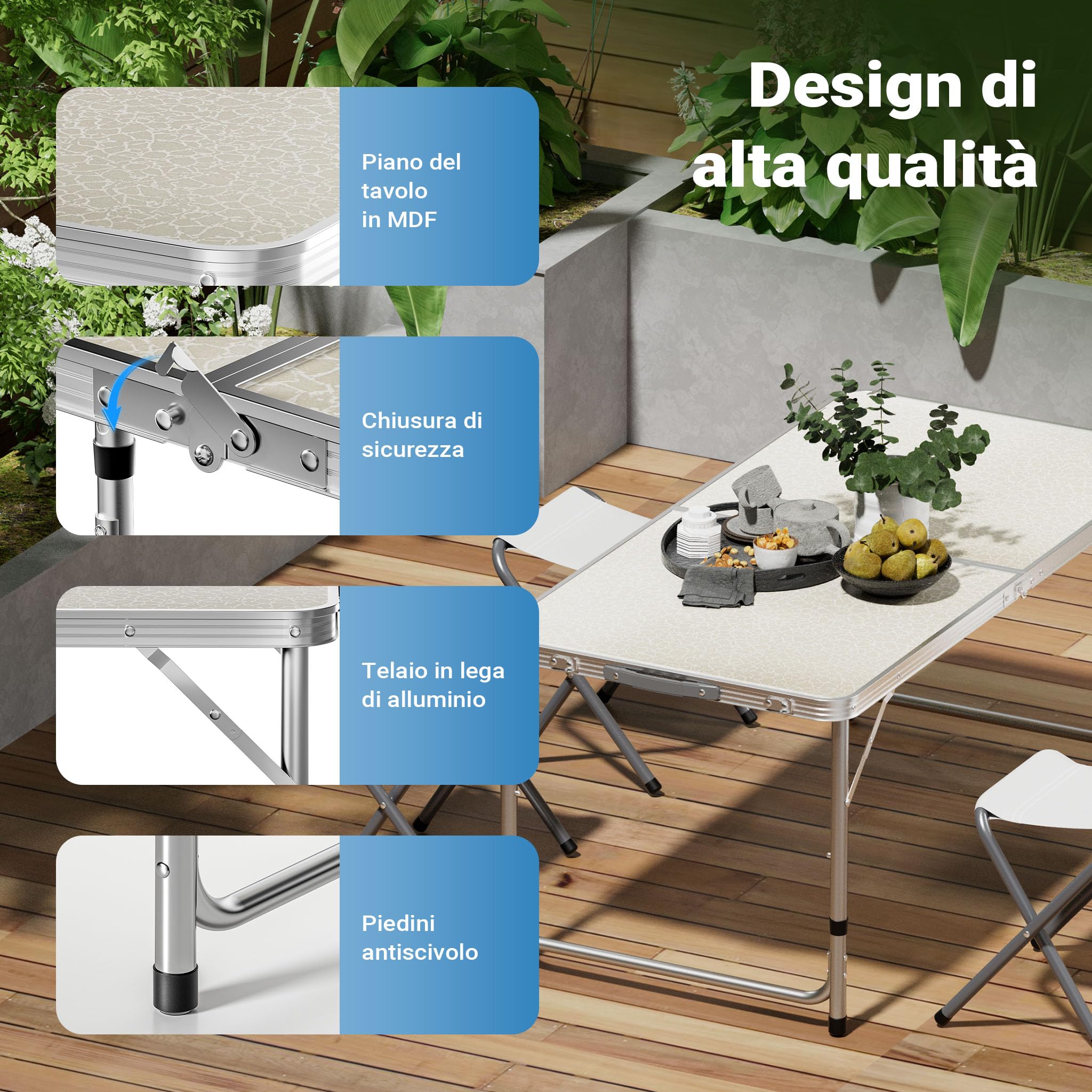 Wiltec Set da campeggio con tavolo pieghevole regolabile in altezza e 4 sedie richiudibili per uso outdoor