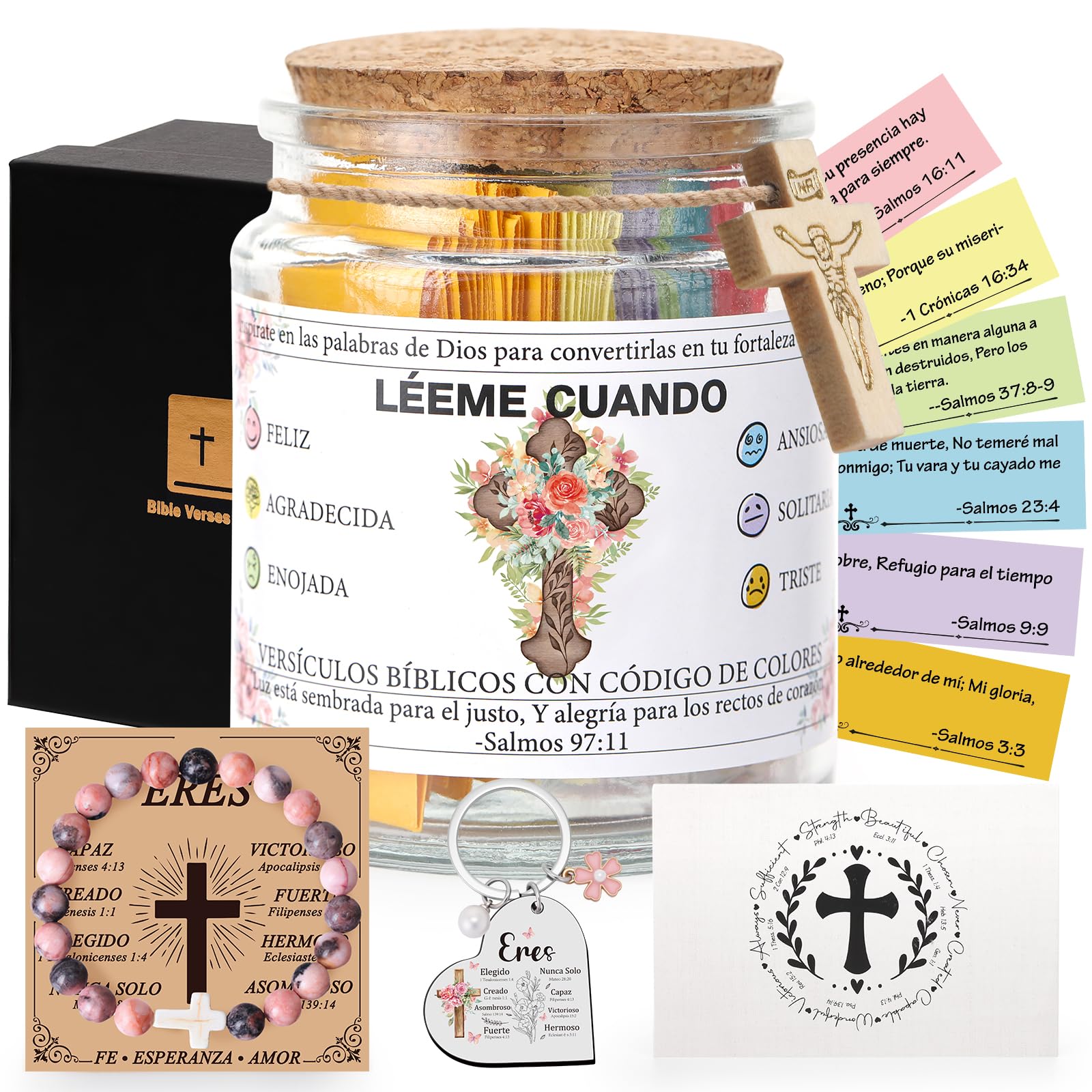Christian Gift for Women, Spanish Read Me When Bible Verse Jar for Emotions and Feelings with Keychain Bracelet and Cross, Mothers Day Gifts for Mom, Birthday Gift for Women, Graduation Gifts for Her