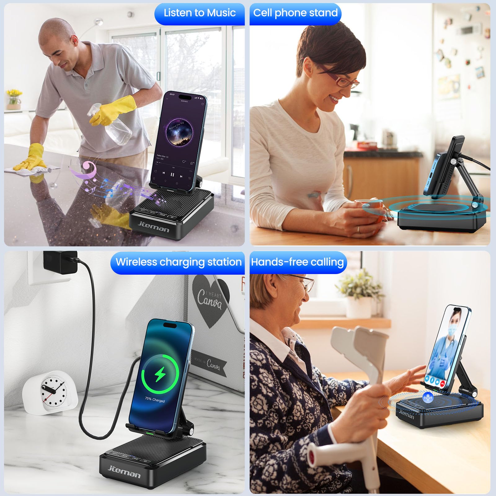 Jteman Cell Phone Stand with Bluetooth Speaker and Wireless Charger,Desktop Charging Station Stand Speaker for iPhone,Christmas Birthday Gift for Men Women (Black)