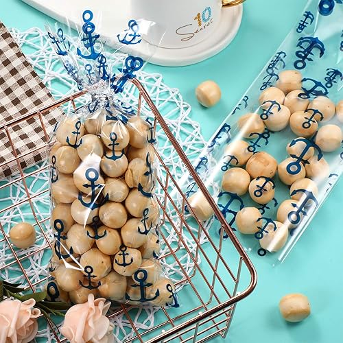 Miniatura 4 de 100 bolsas náuticas para fiestas de anclajes náuticos de celofán con 100 lazos de regalo para decoración náutica de playa (azul, rojo) (azul)