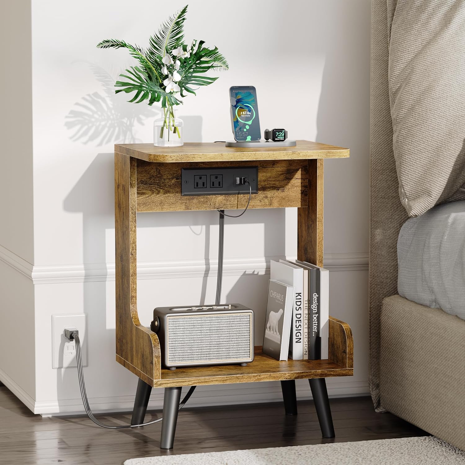 Rustic Brown Wood Nightstands with Charging Station, Set of 2