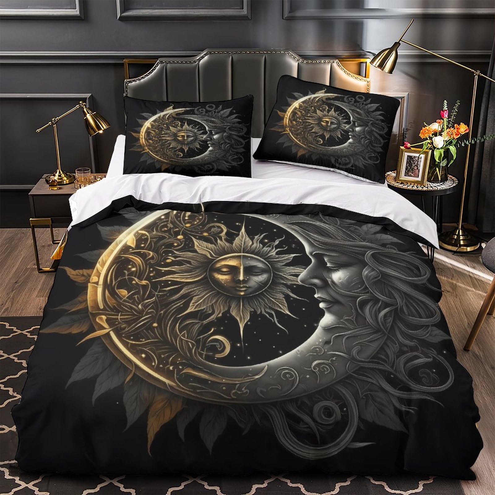 Housse de couette 135x200 soleil lune drap de couette avec 2 taies