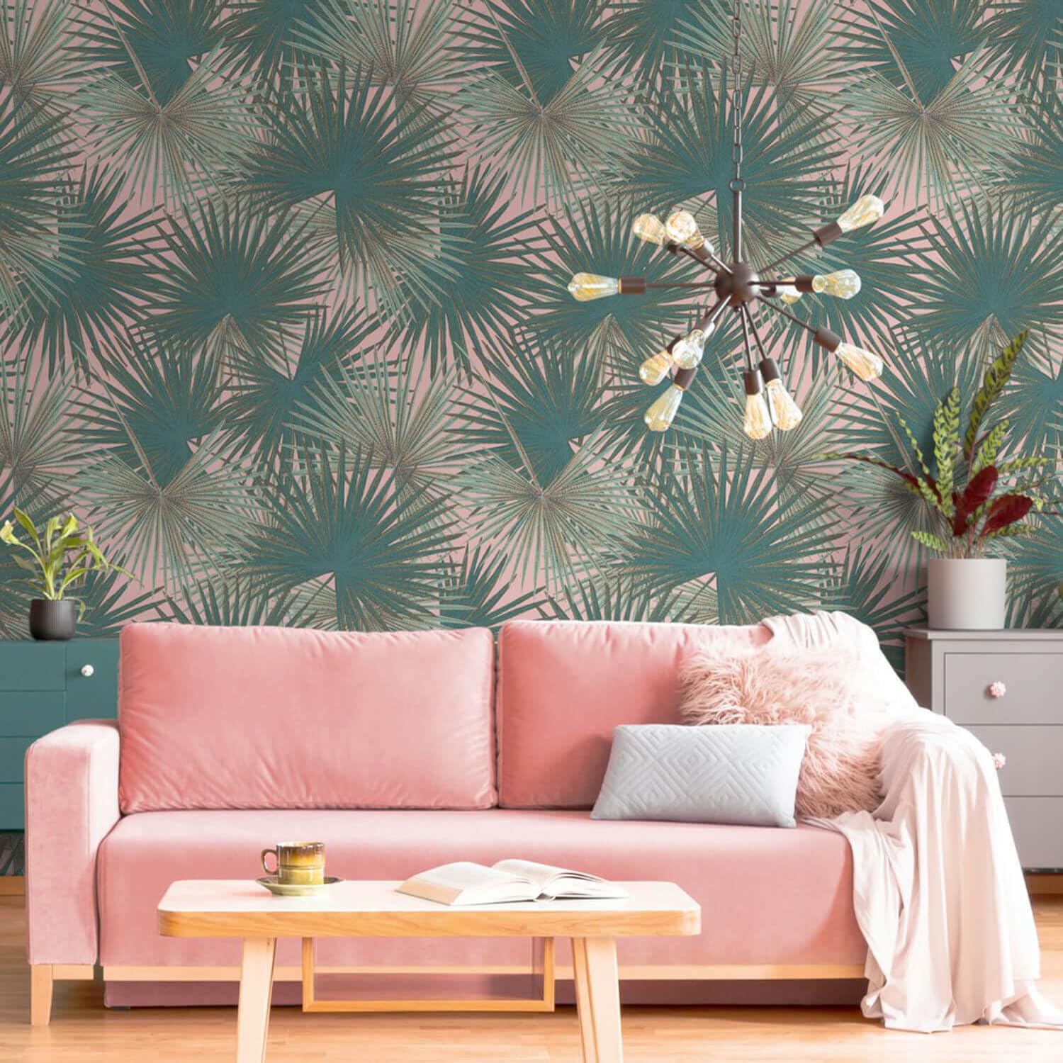 Papel pintado de jungla para un salón exótico con fotomural TNT verde rosa y petróleo