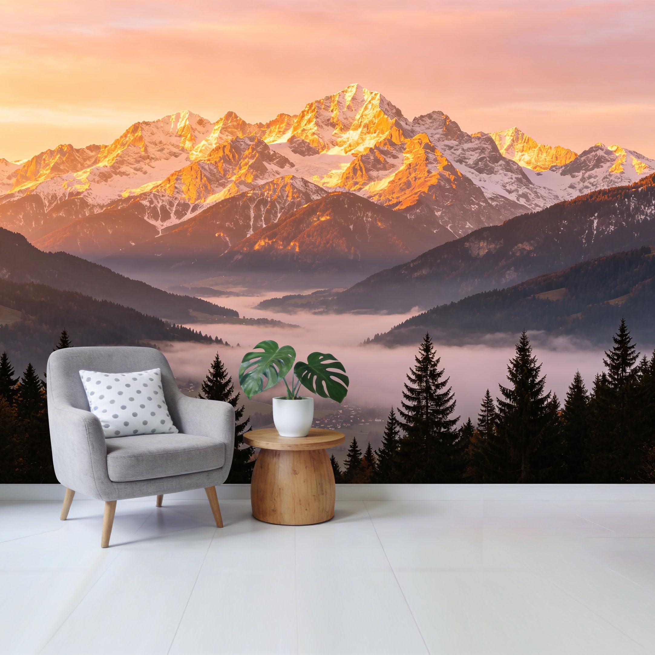 Custom Size Wall Mural Golden Sunset Snow Mountain Peak Misty Forest Landscape SelfAdhesive Wall Fabric Removable Wallpaper for Home Office Decor