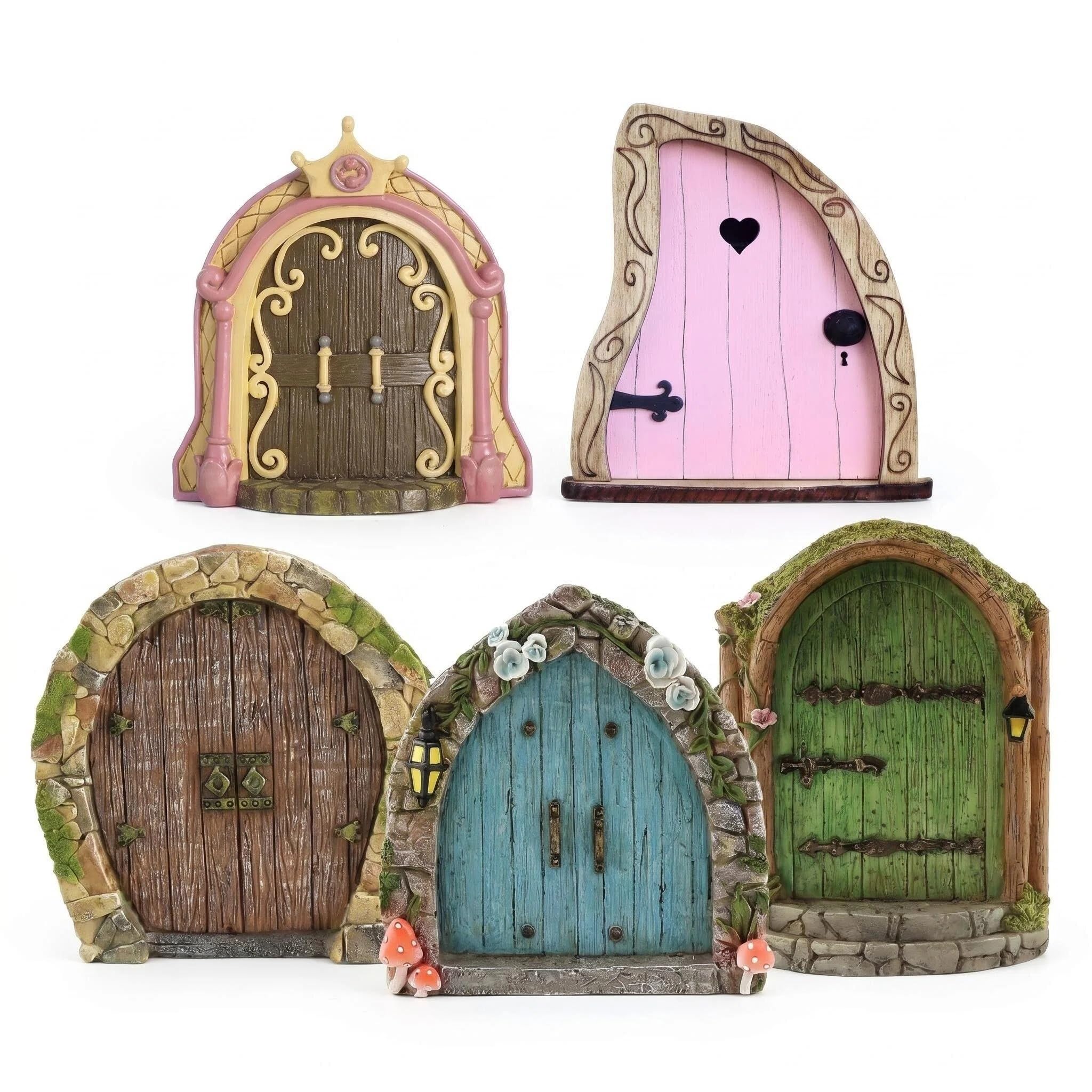 Mtbricey 5Pcs Fairy Doors for Garden Decor Miniature Wooden Yard Ornaments Indoor Outdoor Tree Potted Plant Micro Landscape Rustic Fairy Tale DIY Craft Accessories for Home Lawn Patio Decoration