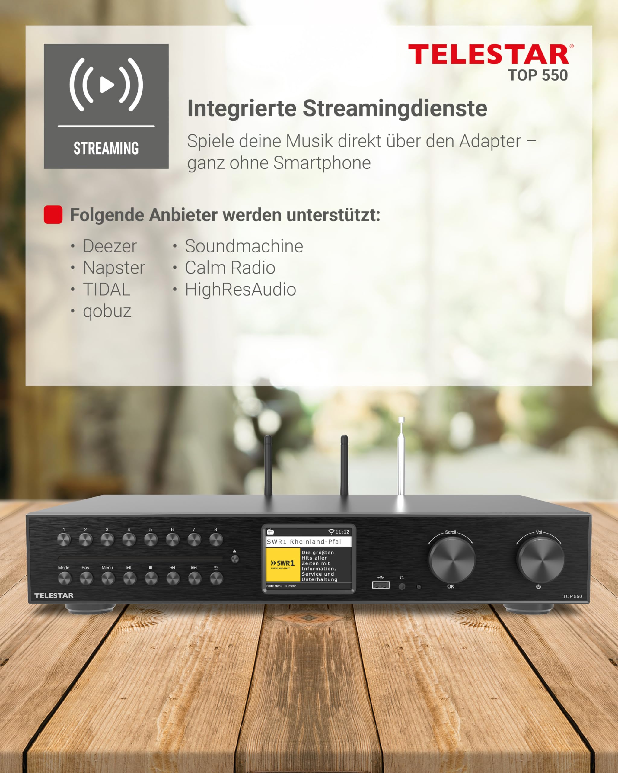TELESTAR TOP 550 – HiFi-System mit Verstärker & CD-Player, 43 cm – Schwarz | 2 × 30 W, Internetradio/DAB+, Bluetooth Audio-Streaming & Sendefunktion, Hotelmodus, USB-Aufnahme, Streamingdienste