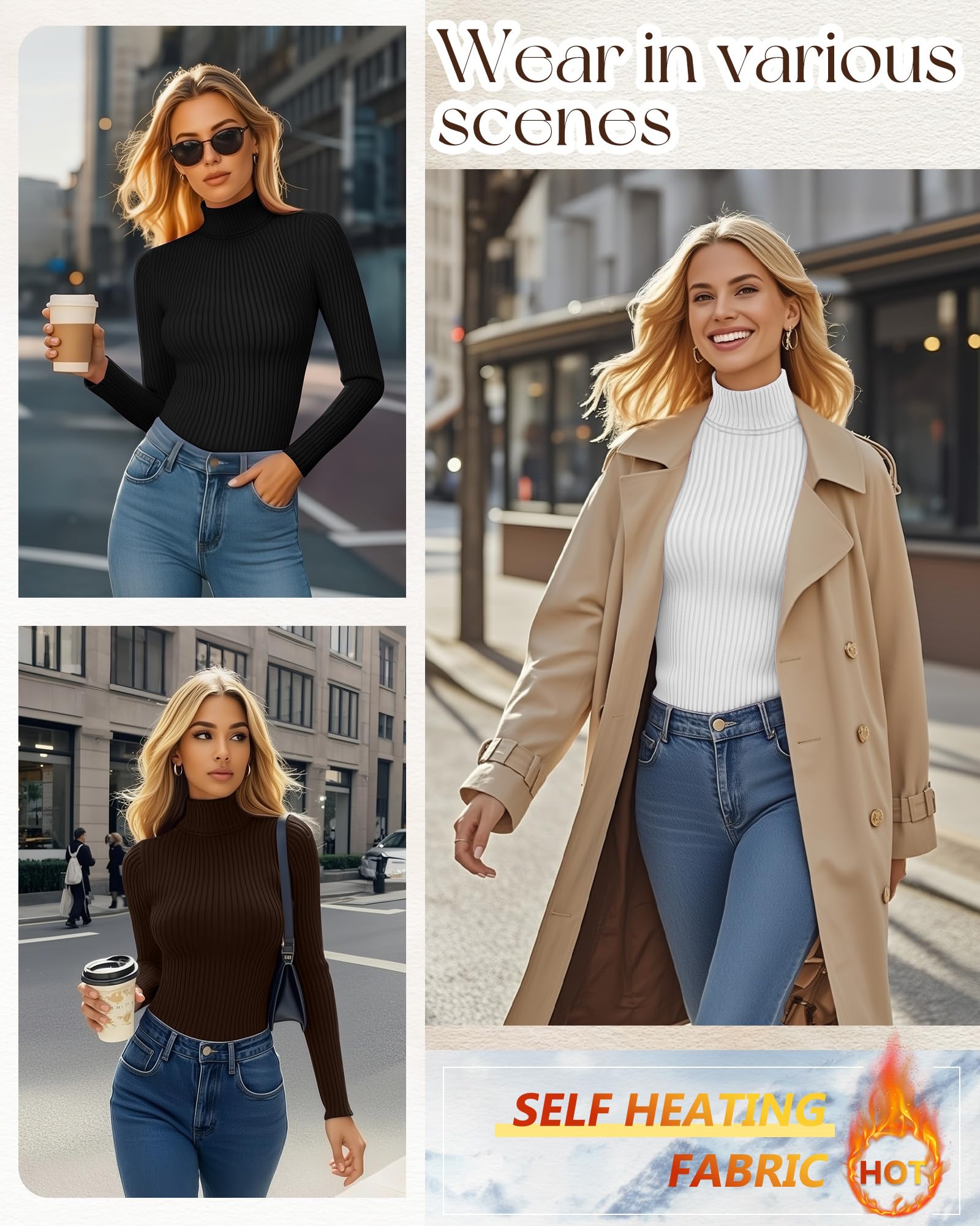 Ficerd 3er-Pack Damen-Thermo-Rollkragenoberteile mit Rippenmuster Langärmlige Stretch-Shirts Gestrickt Tailliert Basisschicht