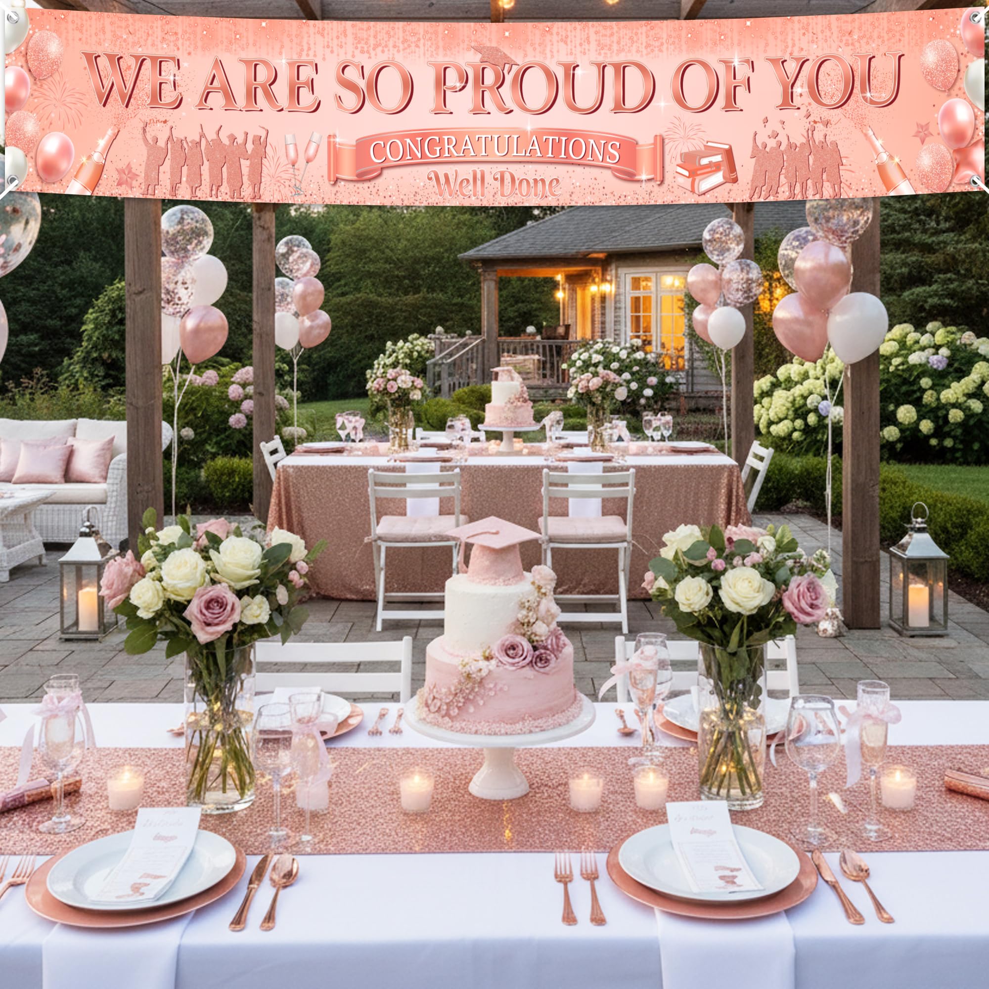 Flerramao Congratulations Banner Graduation Decorations, We Are So Proud of You Rose Gold Yard Banner - Image 4