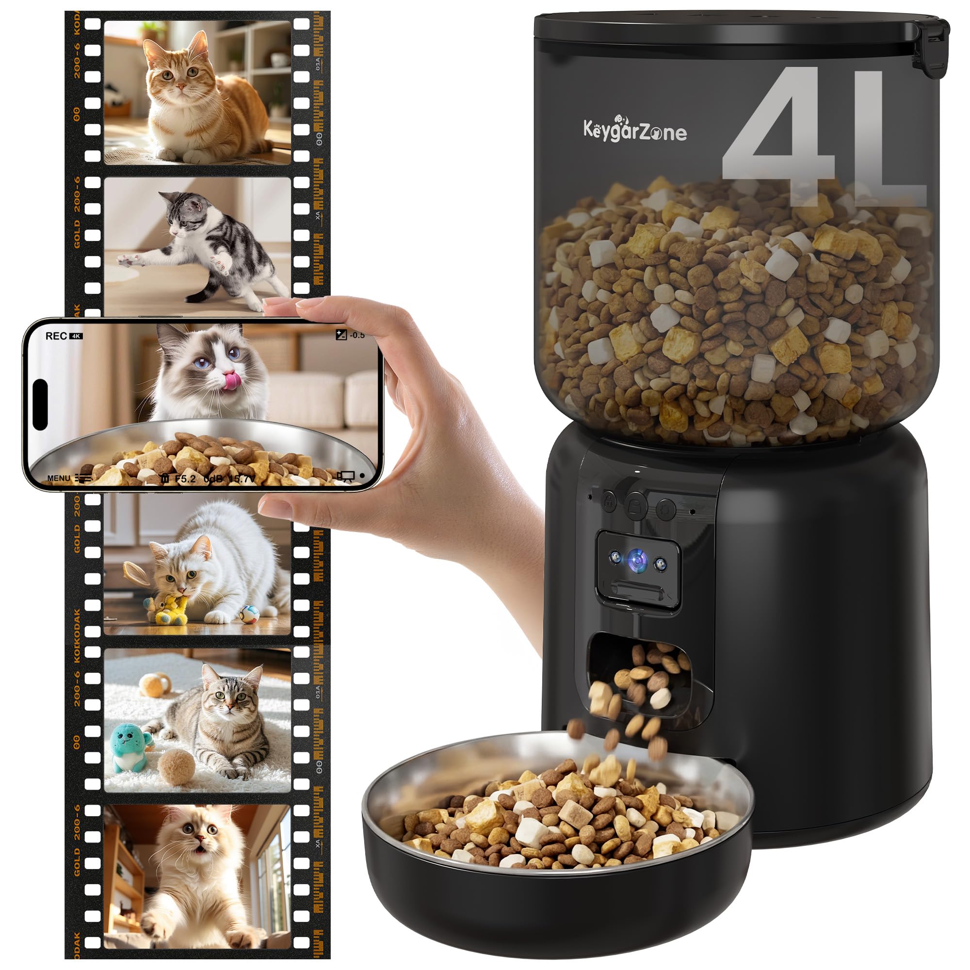 Automatic Cat Feeder, Adjustable 1080p Camera, 5G WiFi & App Control Cat Food Dispenser, Automatic Feeder Cat Dry Food with Dual Power & Voice Recording, Smart Automatic Dog Feeder Portion Control