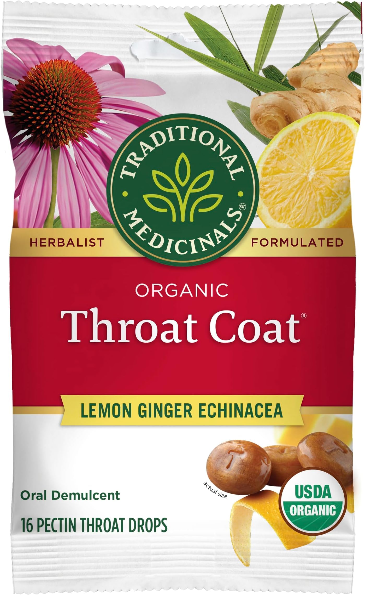 Traditional Medicinals Organic, Throat Coat Lozenges, Lemon Ginger Echinacea - Herbal Cough Drops, Helps Soothe Sore Throat - Non-GMO, Stimulant-Free - 16 Count (Pack of 12)