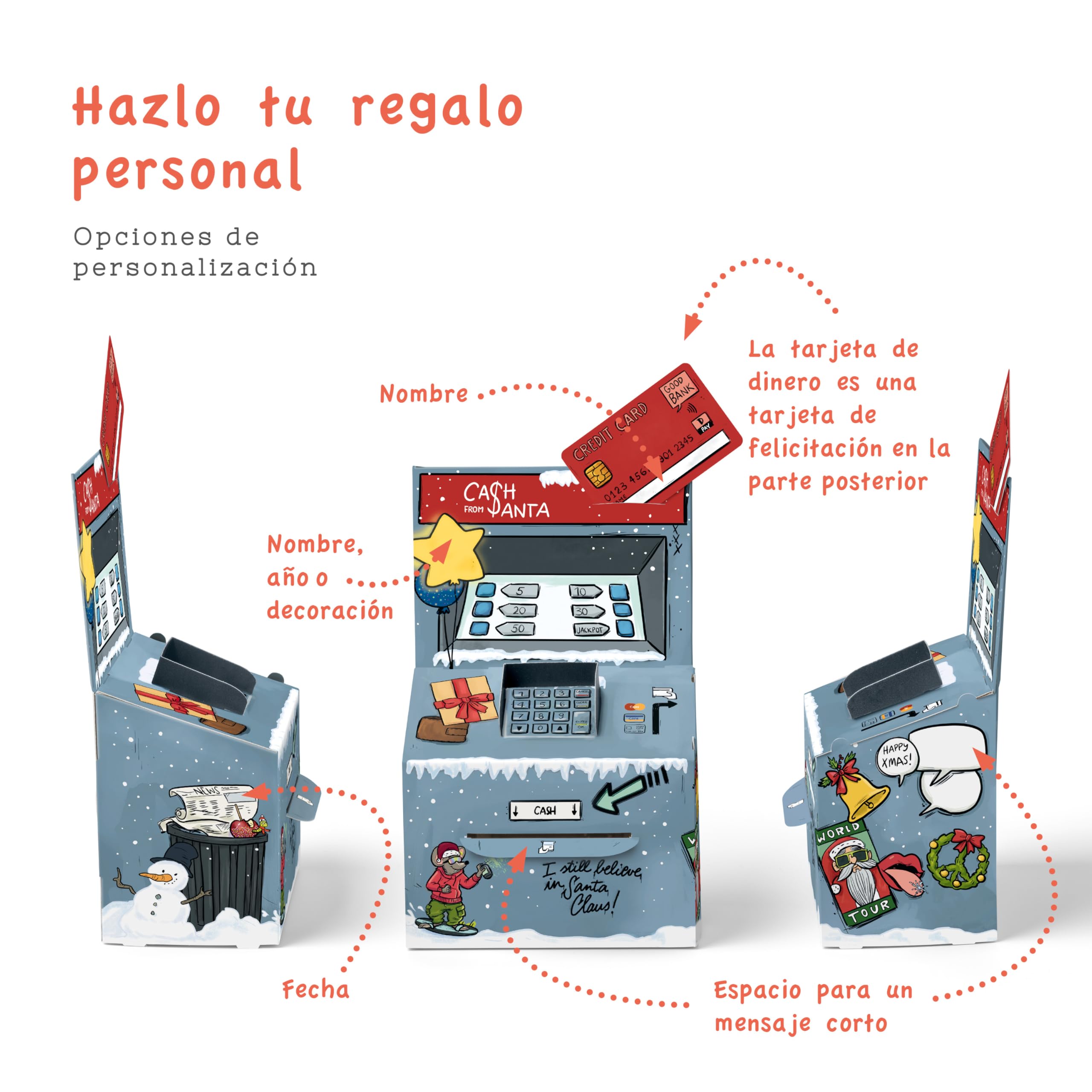 SURPRISA Money O-Mat Xmas Embalaje de Regalo de Dinero - Cajero Automático DIY Creativo, Idea de Regalo Original para Navidad y Ocasiones Especiales - Incluye Diseño Personalizado