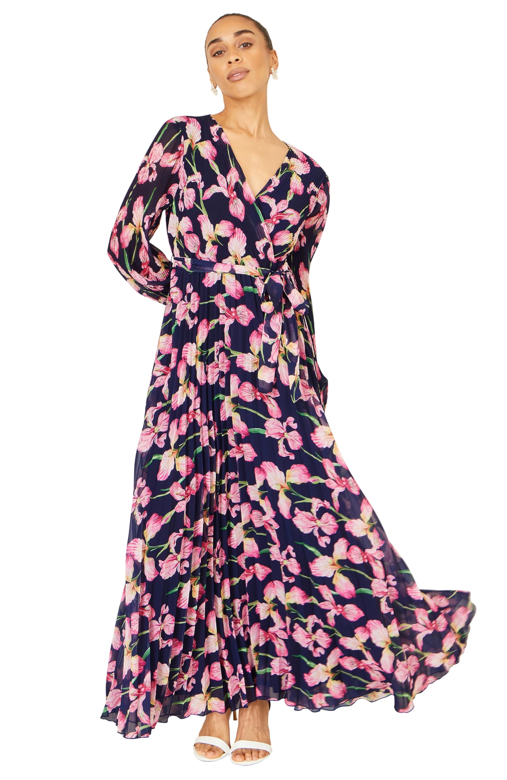 Yumi Women's Navy Orchid Floral Pleated Wrap Maxi Dress | Size: 18