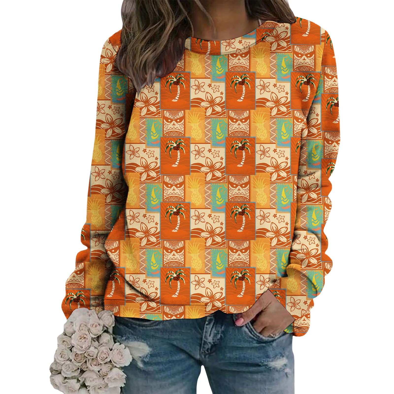 Womens Botanical Leaf Print Sweatshirt Long Sleeve Cotton Blend Pullover Relaxed Fit Crew Neck Top Fall Winter Fashion