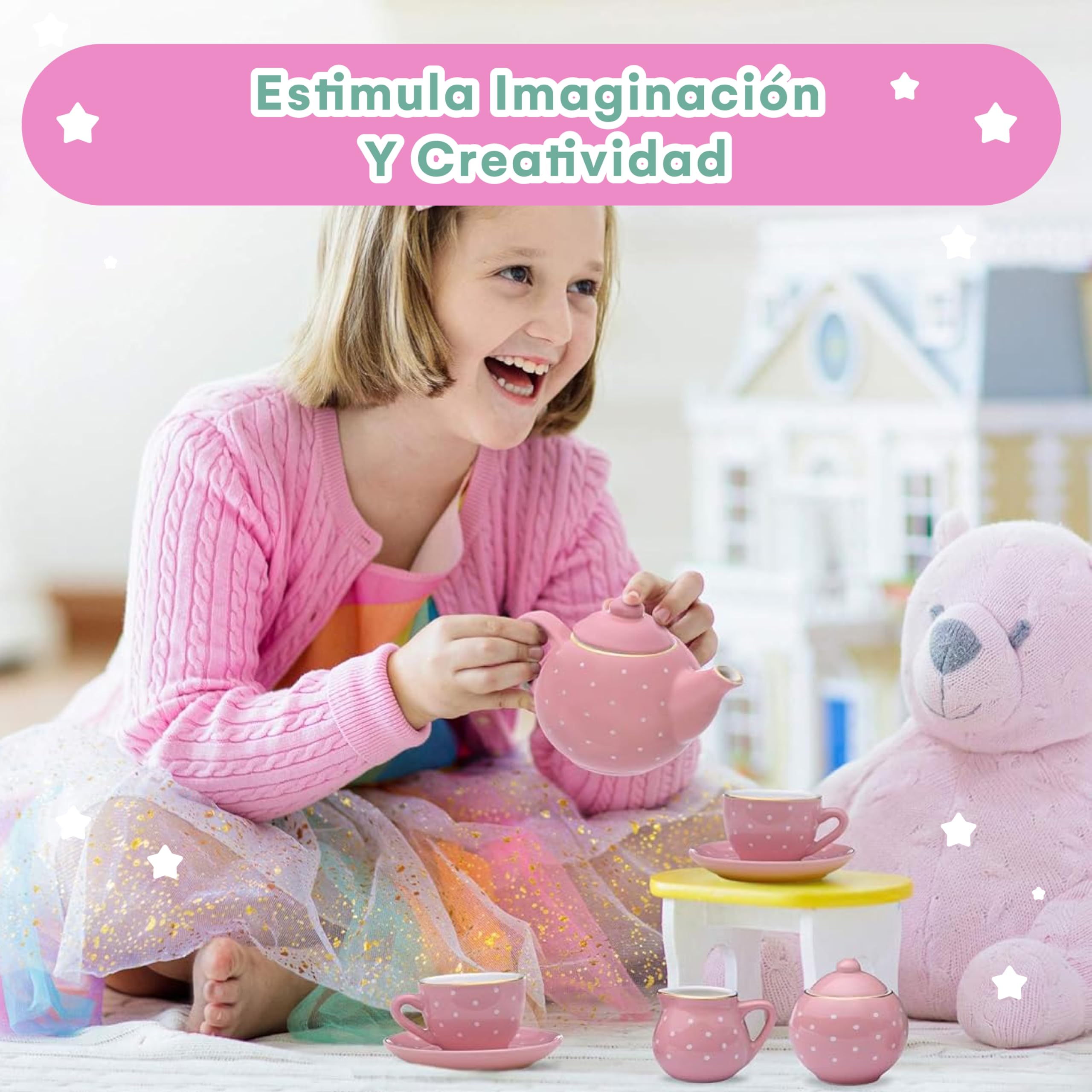Jewelkeeper - Juego de té para niñas, Servicio de té Juguete de Porcelana, vajilla Infantil de 13 Piezas - Diseño de Lunares Rosas
