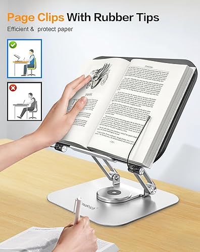 Miniatura 3 de Soporte de libro acrílico para lectura, soporte ajustable Amasrich con base giratoria de 360 y clips de página, triturador de escritorio plegable