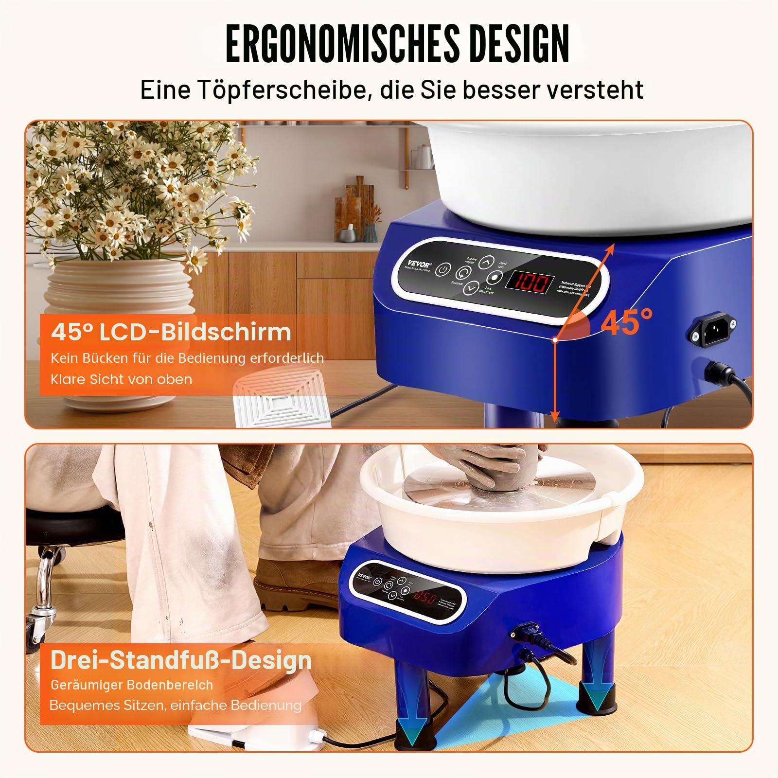 VEVOR Töpferscheibe, 25 cm Töpferformmaschine, 350 W elektrische Töpferscheibe mit Fußpedal & LCD-Touchscreen, Direktantrieb-Keramikscheibe mit 3 Stützbeinen für Heimwerker-Kunsthandwerk, Blau