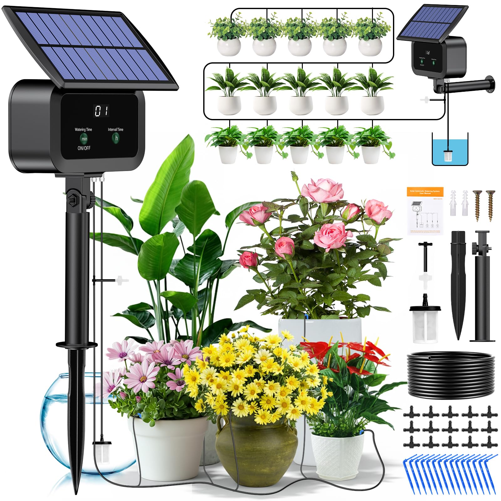 Solar Bewässerungssystem Garten, Automatische Bewässerung für Pflanzen im Urlaub mit Timer und 15M Schlauch, Solar Tropfbewässerung für Garten, Balkon Pflanzen, Kübelpflanzen im Freie