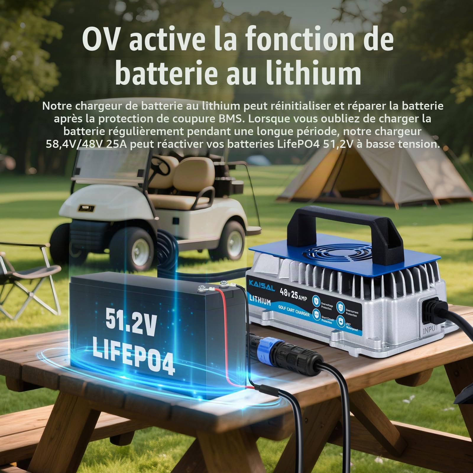 Chargeur de Batterie Lithium 48V, Chargeur LiFePO4 58.4V 25A pour Batterie LiFePO4 51.2V/48V,étanche IP67, 1250W, avec Ventilateur, pour Voiturette de Golf, Bateau,Camping-Car et énergie Solaire