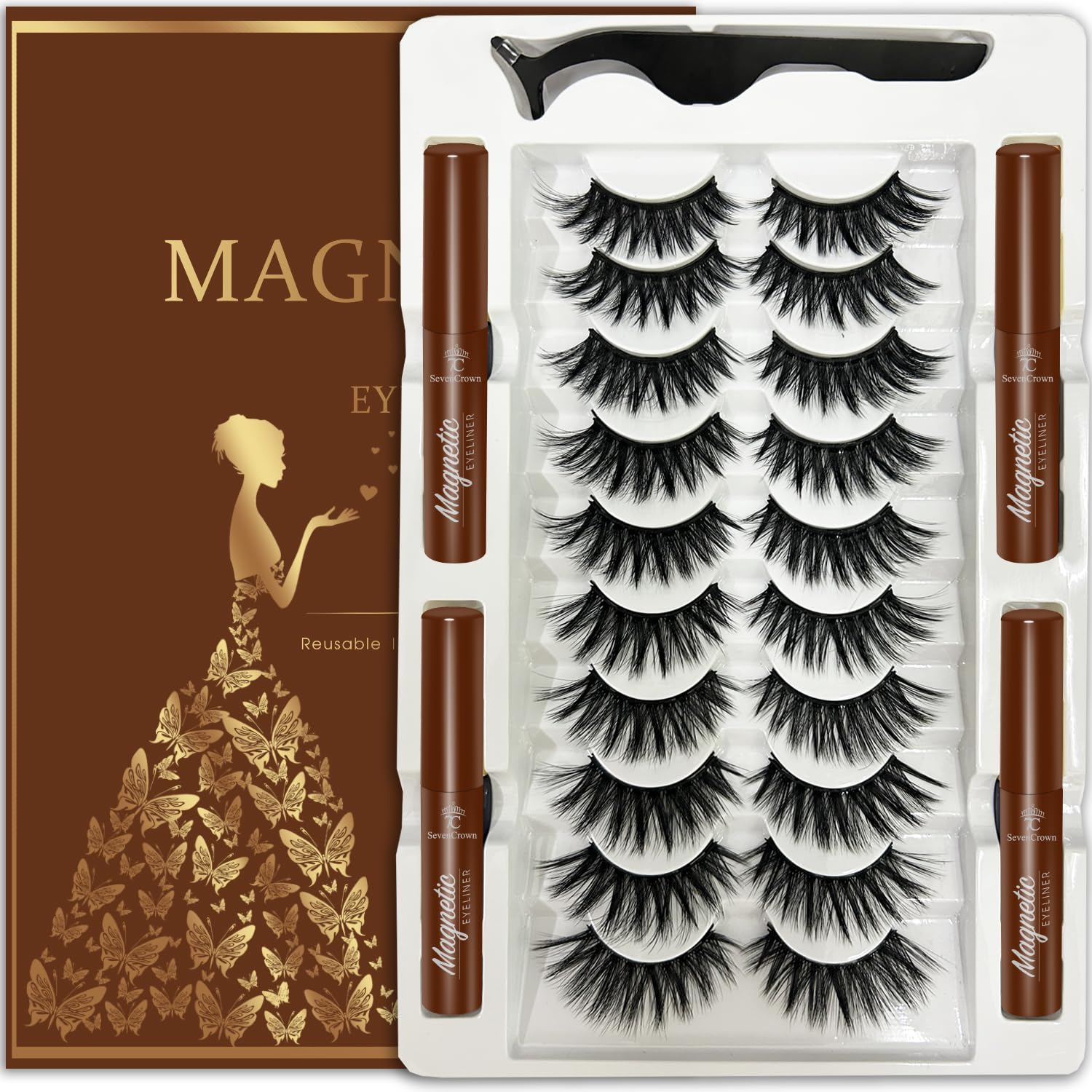 7C SevenCrown Magnetic Eyelashes with Eyeliner, Cat-Eye Magnetic Lashes Kit with Applicator,Most Natural Looking,Reusable Fake Eye Lash, 4 brown