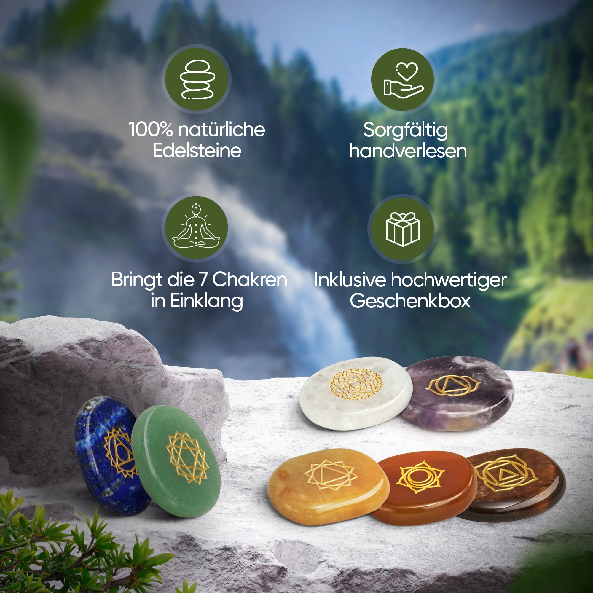 PURAJA Premium Chakra Set mit den 7 wichtigsten Edelsteinen | Heilsteine Set aus echten Edelsteinen | Chakren Steine mit eingravierten Symbolen | Handgefertigte Heilsteine für Meditation