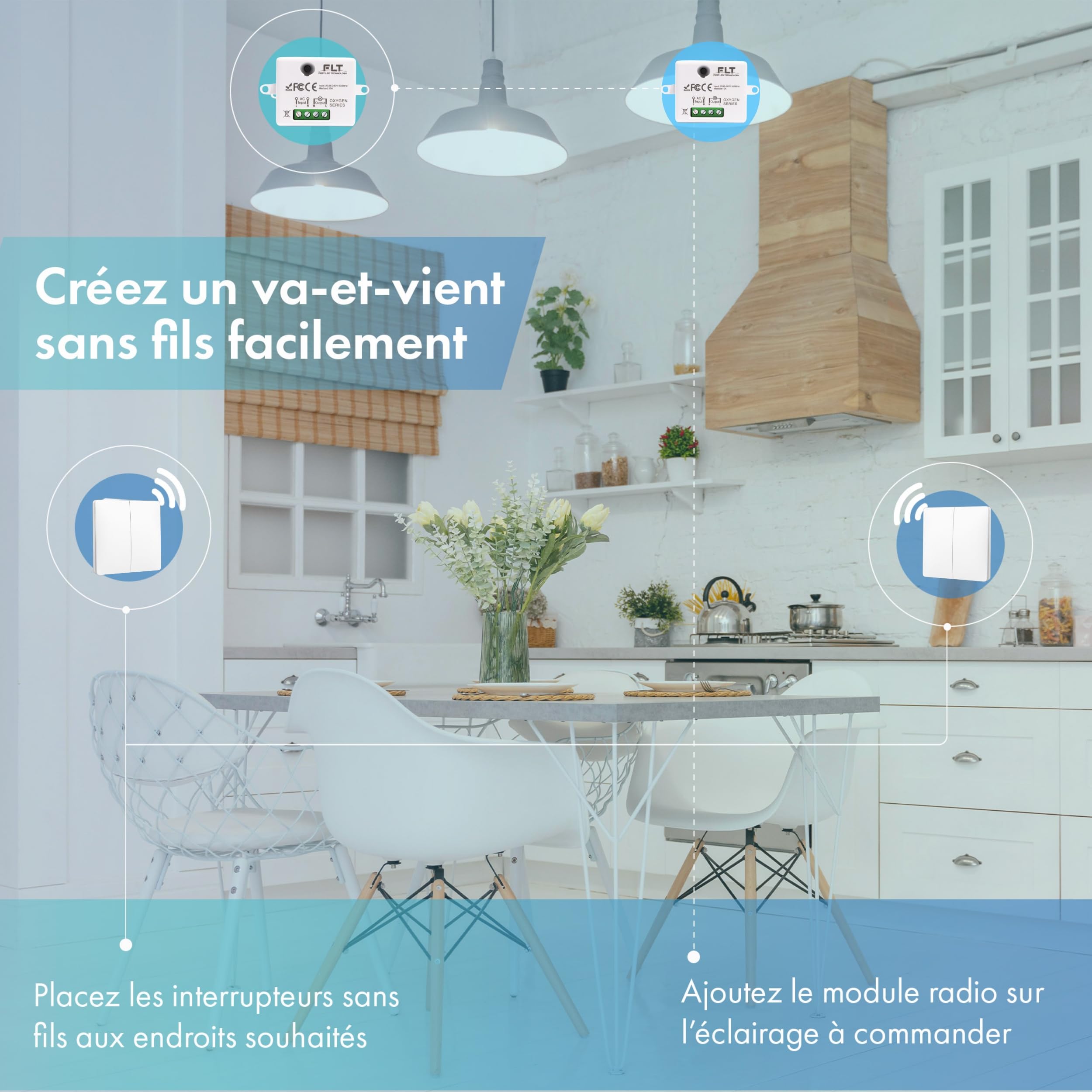 Interrupteur sans fil et sans pile Auto alimenté - Écologique - Qualité Pro - Va et vient RF 4 télécommande double allumage + 2 relais radio encastrable - Longue Distance - Intérieur Extérieur IP64