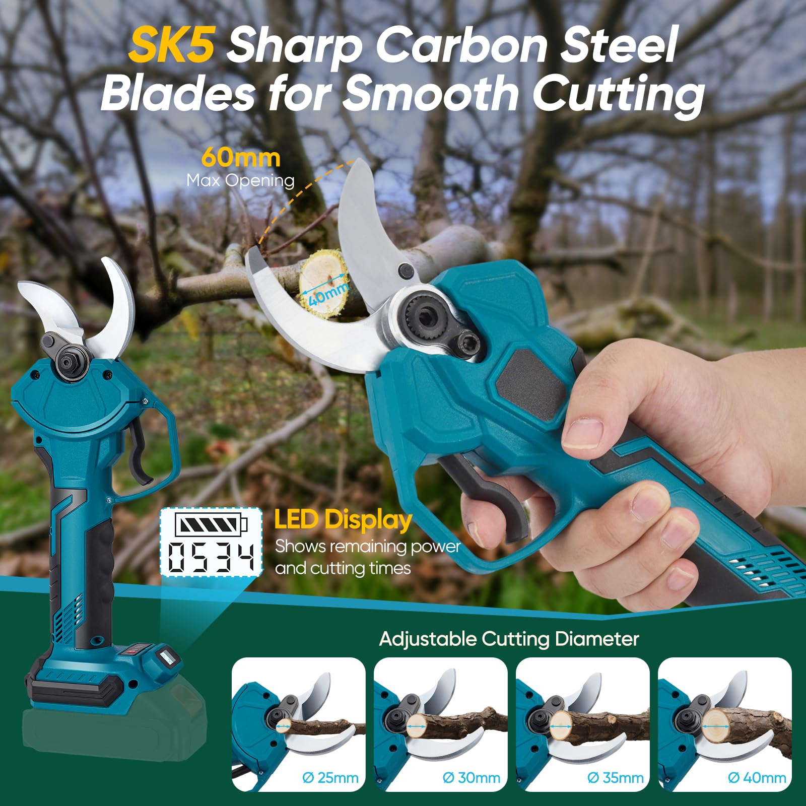 Sécateur professionnel sans fil - 40 mm - 800 W - Moteur sans balais - Avec compteur de coupe LED - Compatible avec batteries Makita 18 V (sans batterie)