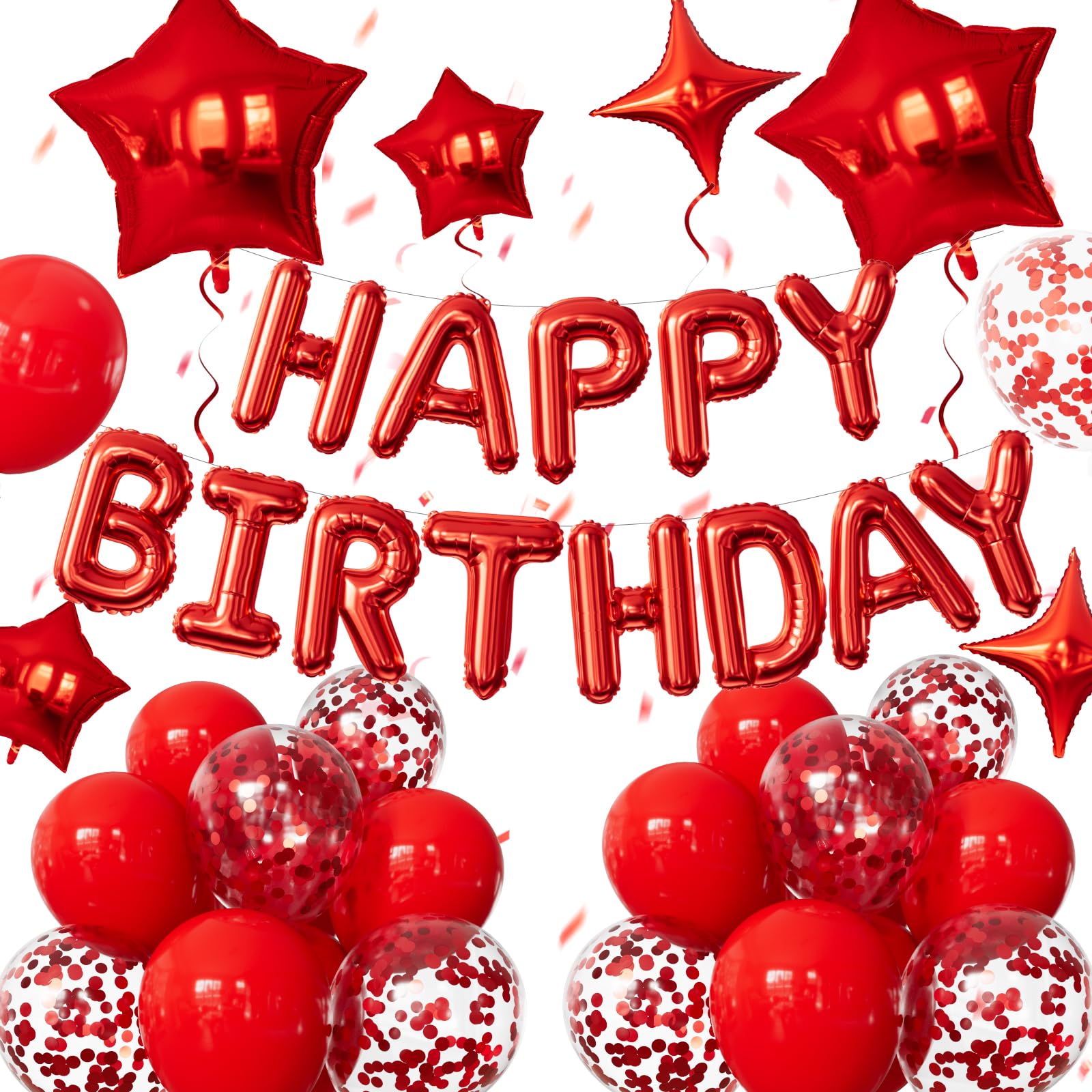 Adeyoo Red Happy Birthday Banner - Happy Birthday Decorations with Red Balloons and Foil Star Balloons Glitter Party Decorations for Women Men Pet Birth Party, Photo Shoot Supplies
