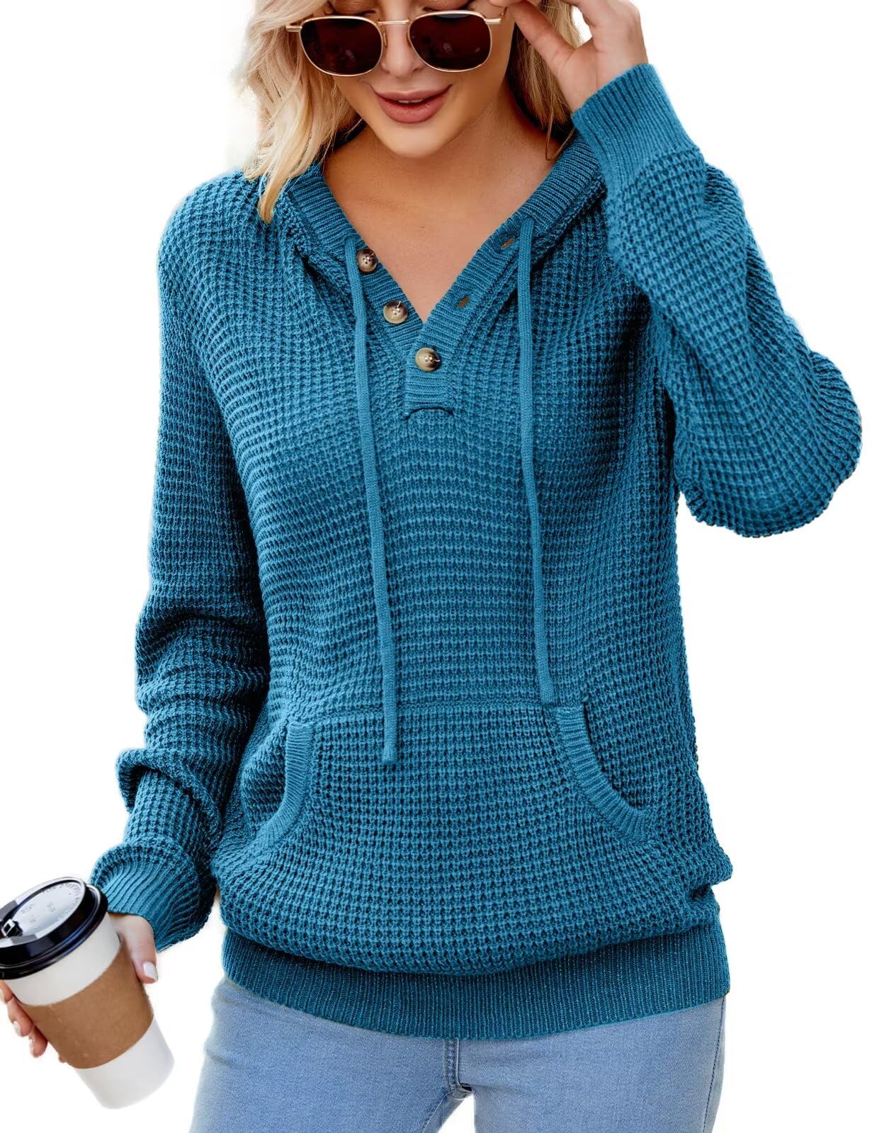 CiCiBird Women's Fall Hoodies Sweater V Neck Waffle Knit Top with Pocket