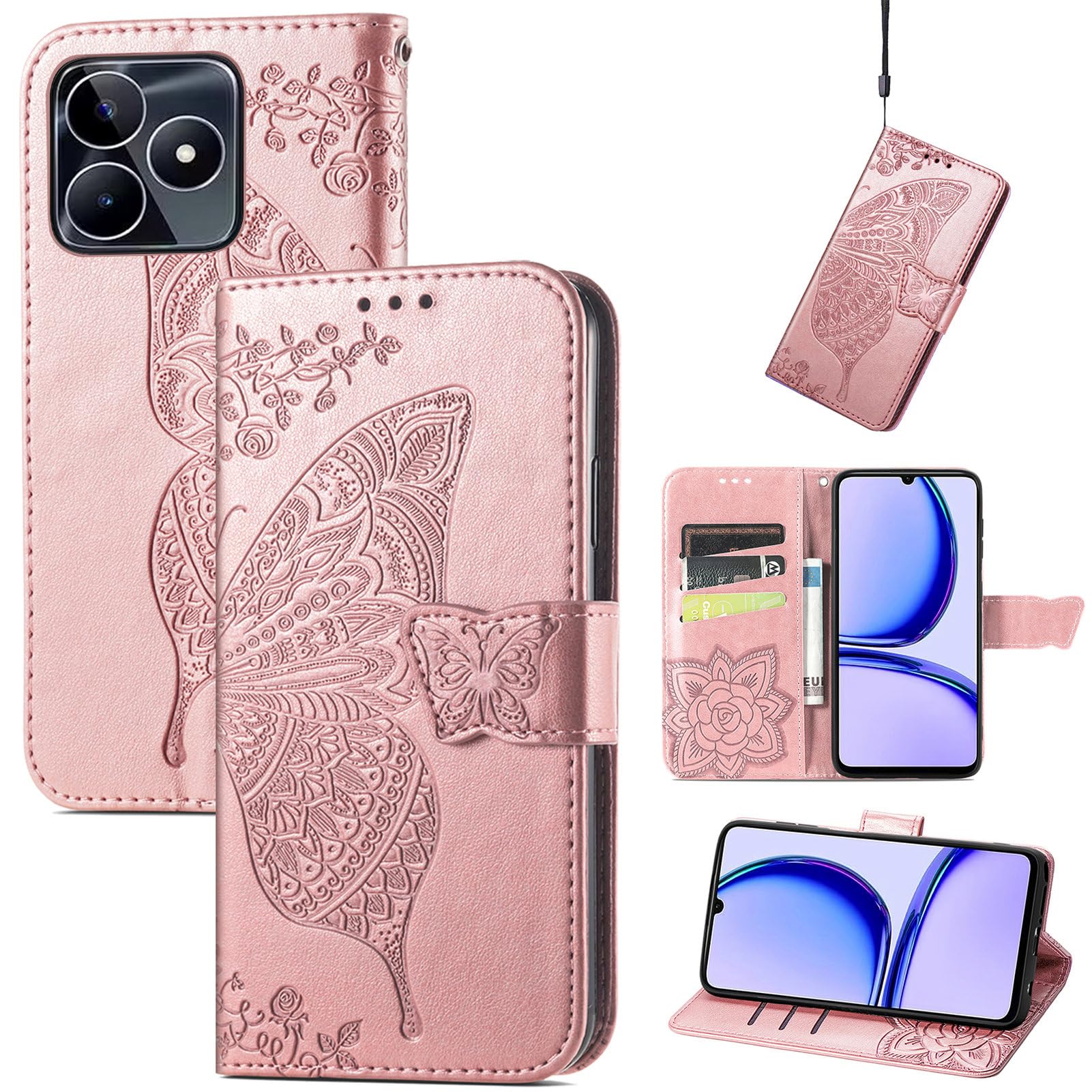 HAOYE Cover per OPPO A98 5G Cover, Custodia Chiusura Magnetica Flip Case Stile, Pelle PU/TPU Farfalla Sbalzato con Supporto di Stand/Carte Slot. Oro Rosa