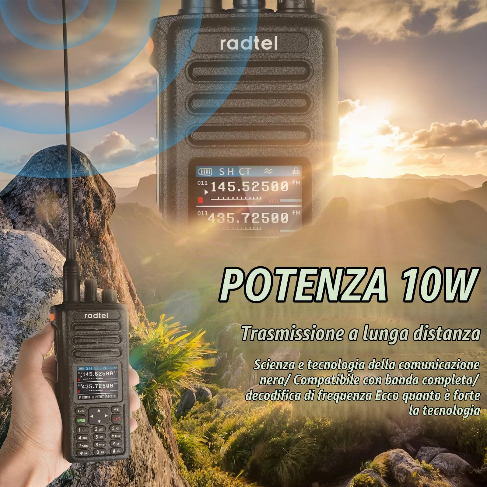 Radtel RT-730 10W Ham Radio Air Band Walkie Talkie, Full Band 199CH HT, Radio portatile a due vie a lunga portata ricaricabile con batteria USB-C, capacità di acquisizione di frequenze NOAA, FM e AM