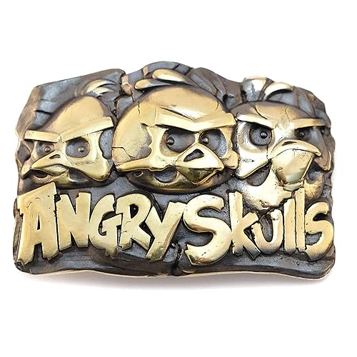 Belt buckle Angry Skulls, Solid brass handmade belt buckle with birds skulls