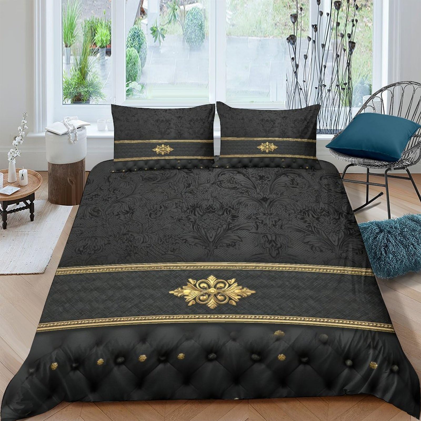 Ctjqhvkz Style-1 3D Printed Black Gold Baroque Fitted Sheet Microfiber Anti-Slip Elegant Royal Bed Cover For Bedroom Guest Room Easy Care Single（135X200cm）