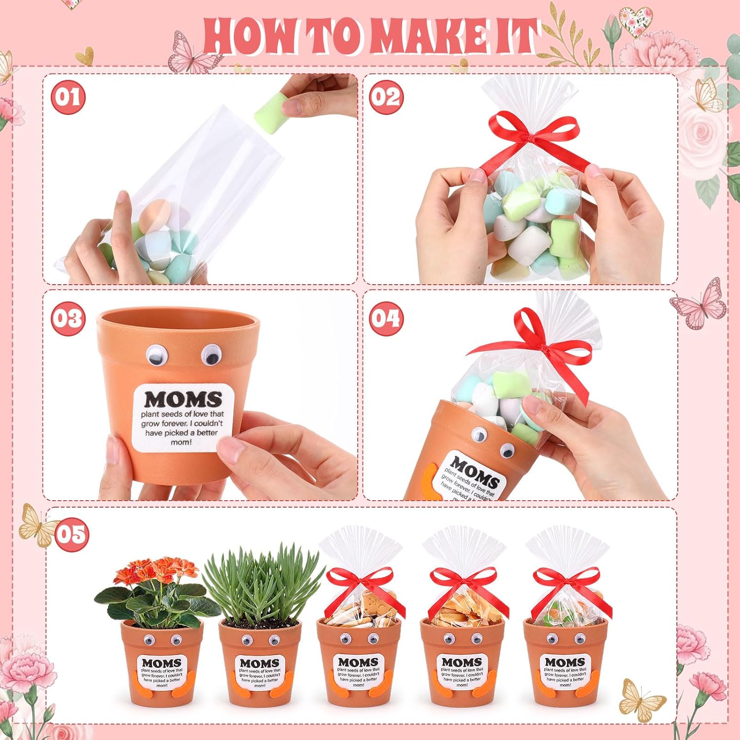 Hollowfly 24 Sets Mother's Day Crafts Bulk DIY Mom Gifts with 24 Pots 24 Gift Bags 24 Cards 50 Felts 50 Eyes Mother's Day Crafts for Mom Mother Party Favors Activities Home Family Gifts