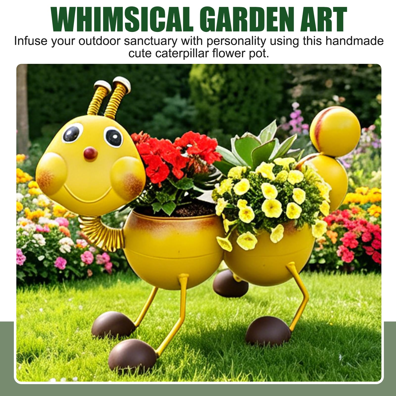 Handgefertigter Pflanzkübel in Raupenform, Rustikale Vintage Gartendeko aus Metall, Origineller Blumentopf für Garten, Terrasse, Hof, Einzigartiges Geschenk für Mama, Gartenliebhaber (Gelb)