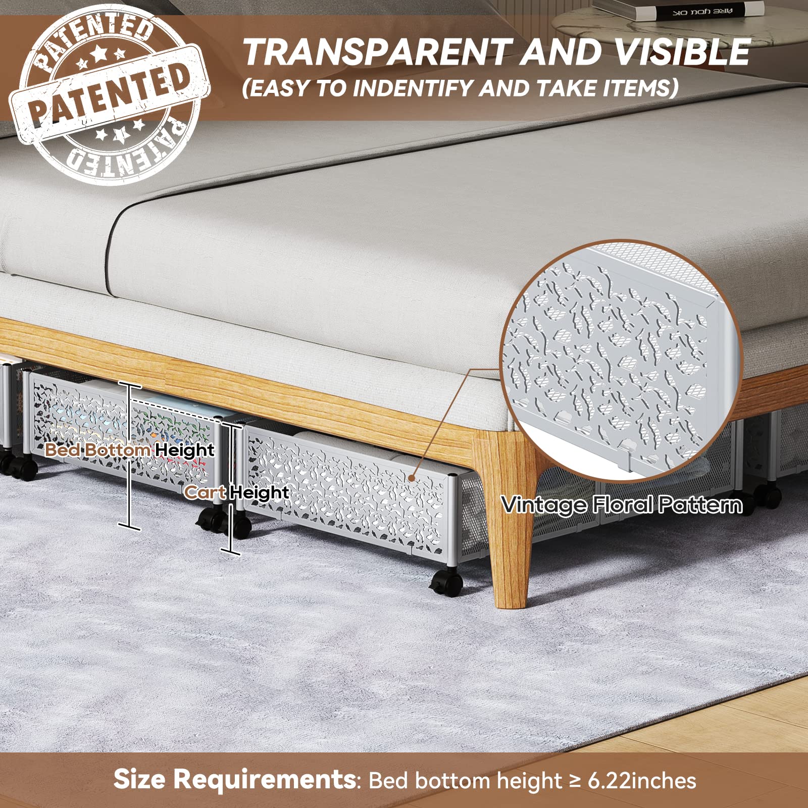 Under Bed Storage, Under the Bed Storage Containers with Wheels, Under Bed Shoe Storage Organizer Drawer, Tool-free Assembly Metal Underbed Storage Containers for Bedroom Clothes Shoes Blankets -Silver