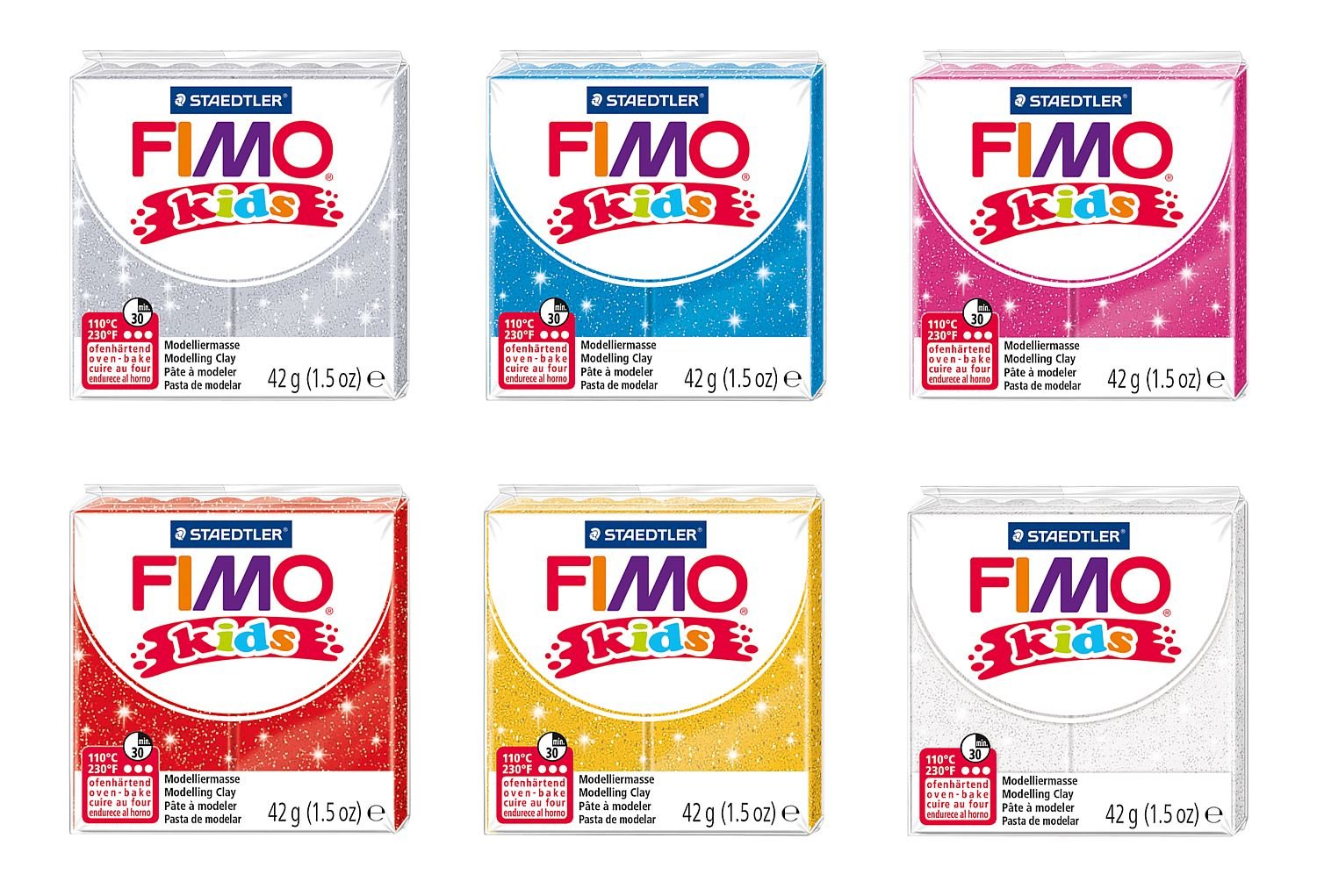 STAEDTLER Fimo Kids 8030 AMZ 07 Glitter Modelling Clay 6 Blocks 42 g Glitter 6 Blocks