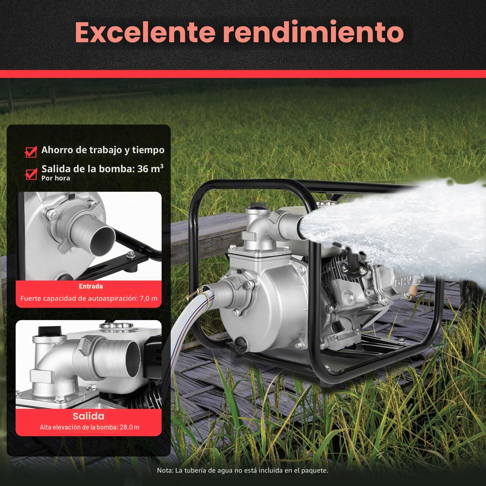 Bomba de agua de gasolina de 6,5 CV, bomba de agua de gasolina de 4 tiempos, 36000 l/h, altura de succión 7 m, altura máxima de elevación 28 m, conexión 2", bomba de jardín, bomba de agua residual