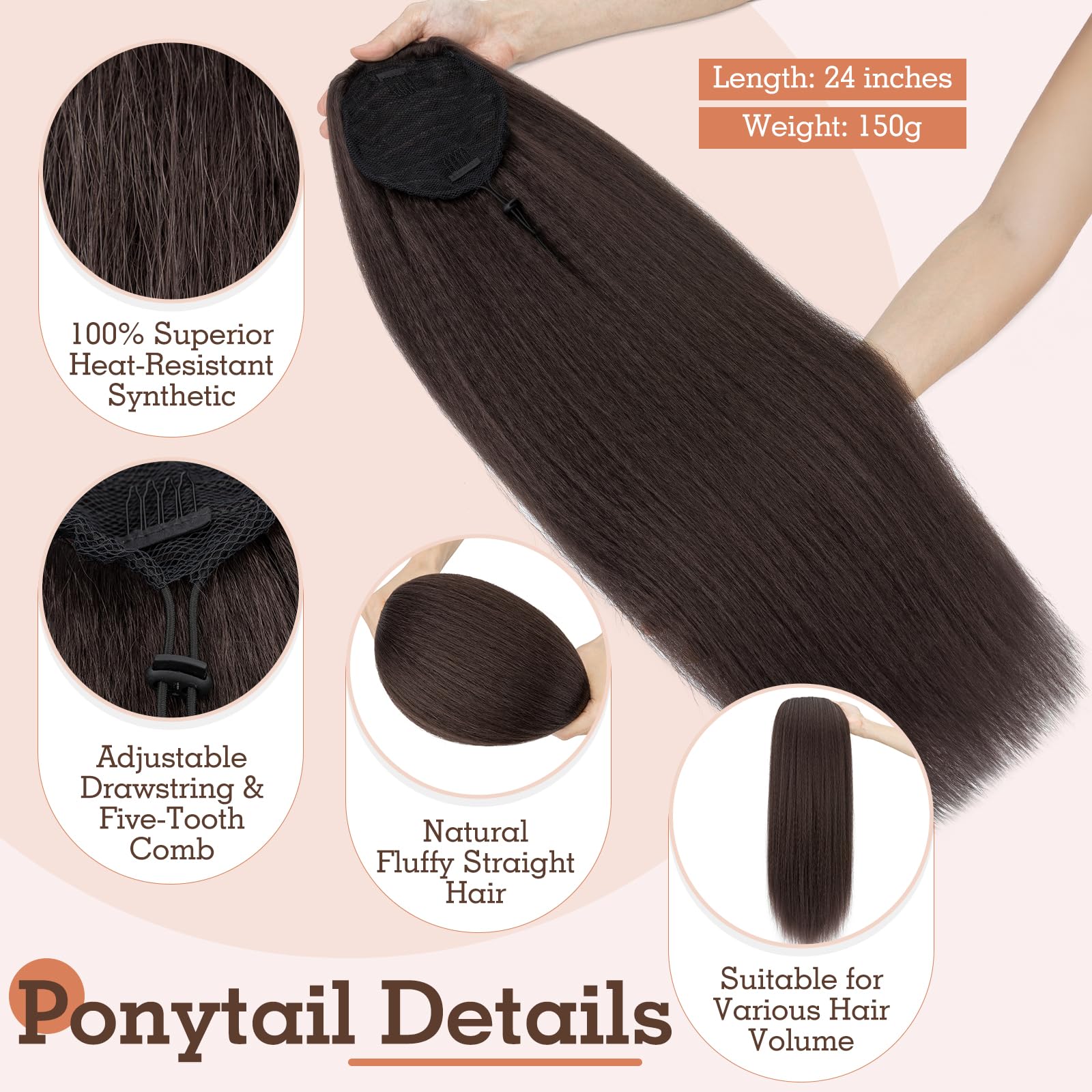 TESS Drawstring Clip in Ponytail Hair Extensions for Women UK Straight 24 Inches 140g #04 Medium Brown, U Chocolate Brown - Image 2