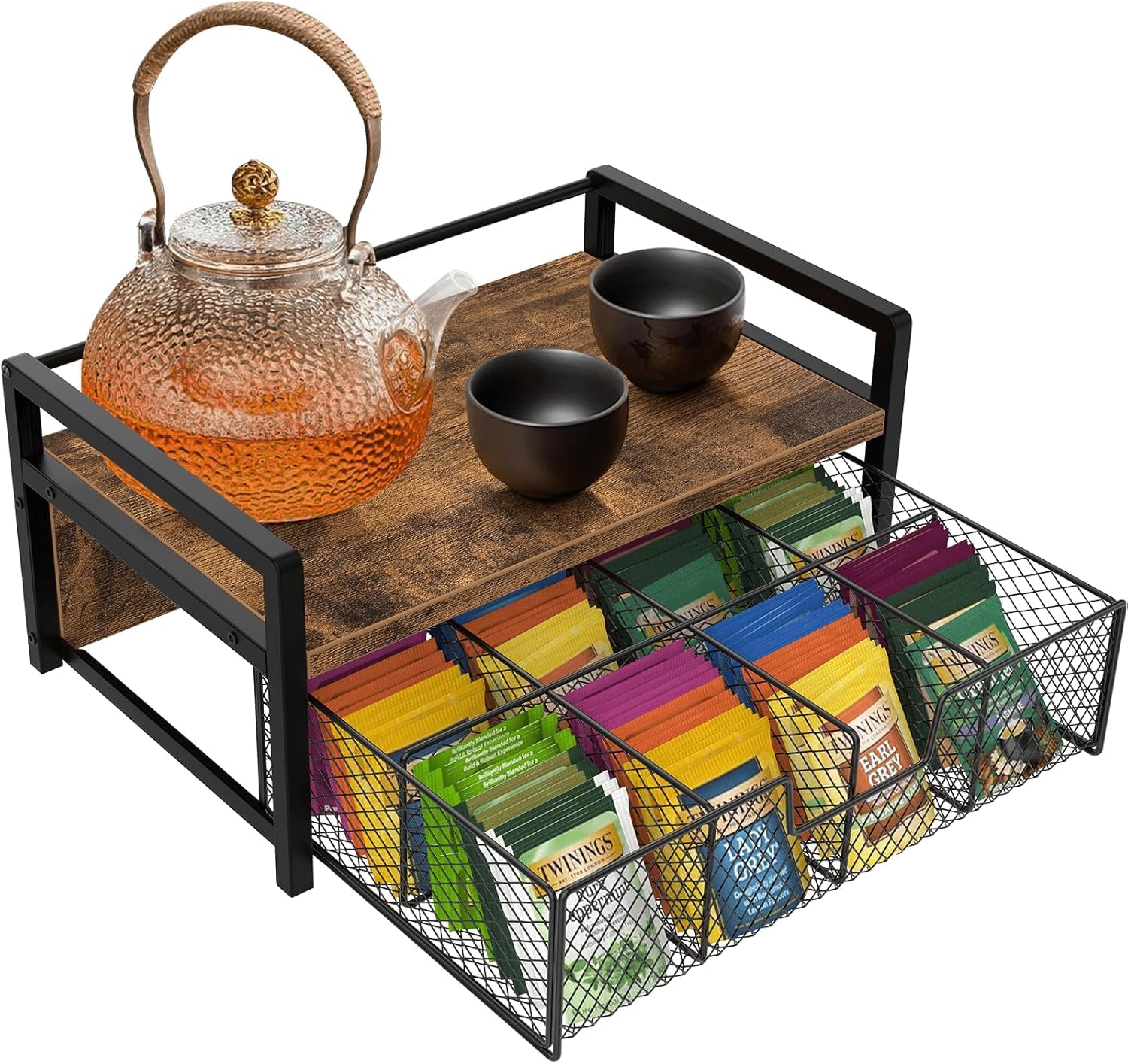 22993 Tea Bag Organizer, Wood Tea Organizers and Storage Chest, Teabag Holder with Storage Drawer,Tea Station Chest Display Container Box for Countertop Kitchen, Rustic Brown