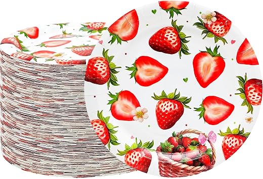 48Pcs Strawberry Party Supplies - 7inch Strawberry Paper Plates for Baby Shower, Birthday Party Decorations