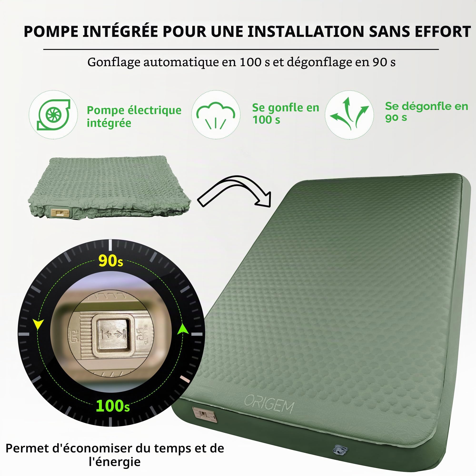 Origem Matelas Camping 2 Personnes Épais en Mousse avec Pompe Électrique | Largeur 140 cm, épaisseur 10 cm, gonflage et dégonflage facile, Matelas gonflable 2 personnes pour camping et randonnée