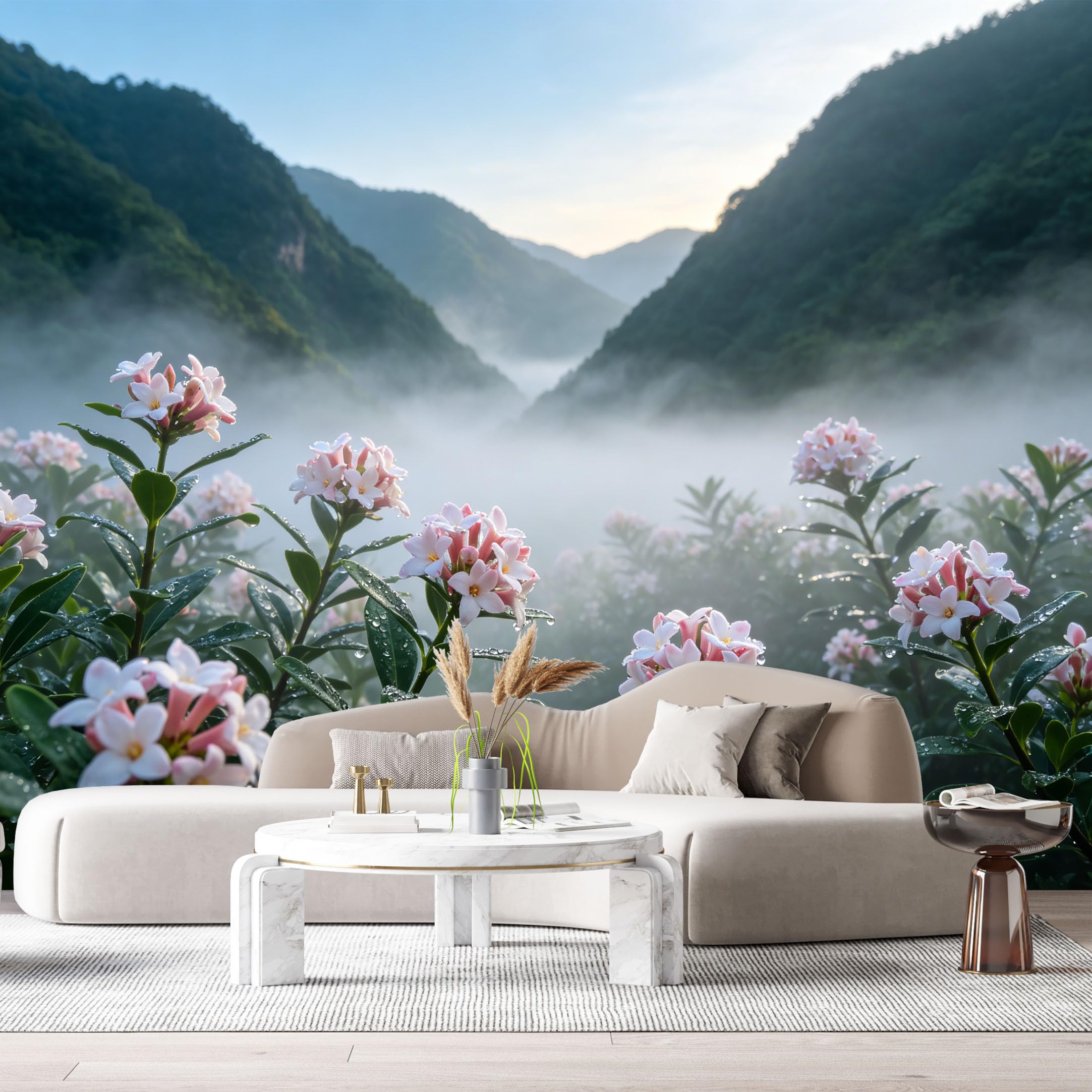 Custom Size Wall Murals Misty Mountain Botanical Landscape Floral Morning Dew SelfAdhesive Wall Fabric Removable Large Wallpaper for Photo Living Room Interior Decor