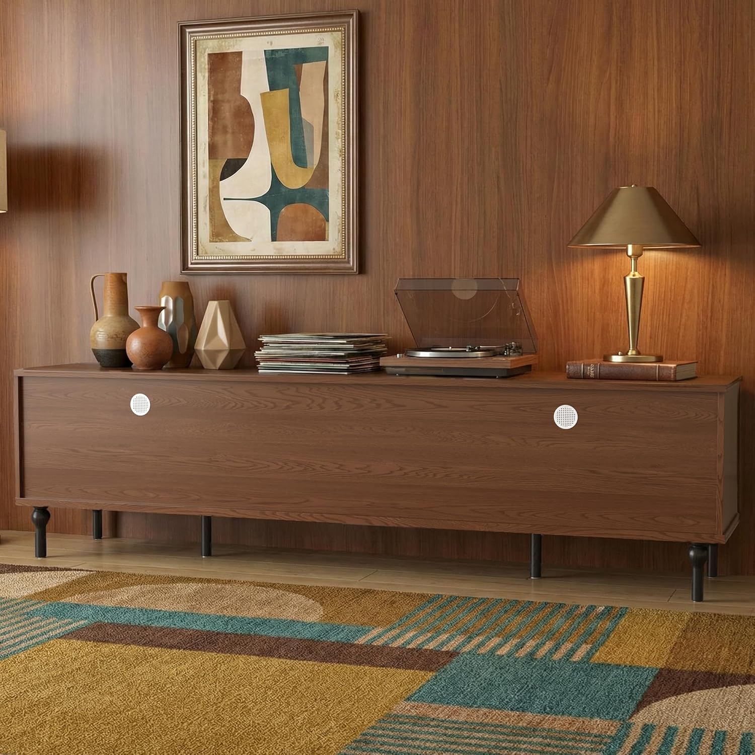 Modern Retro Living Room TV Cabinet, 78.74", Featuring Black Corrugated Panels and a Central Glass Display Door, with a Dual Rear Ventilation Design for Heat Dissipation.